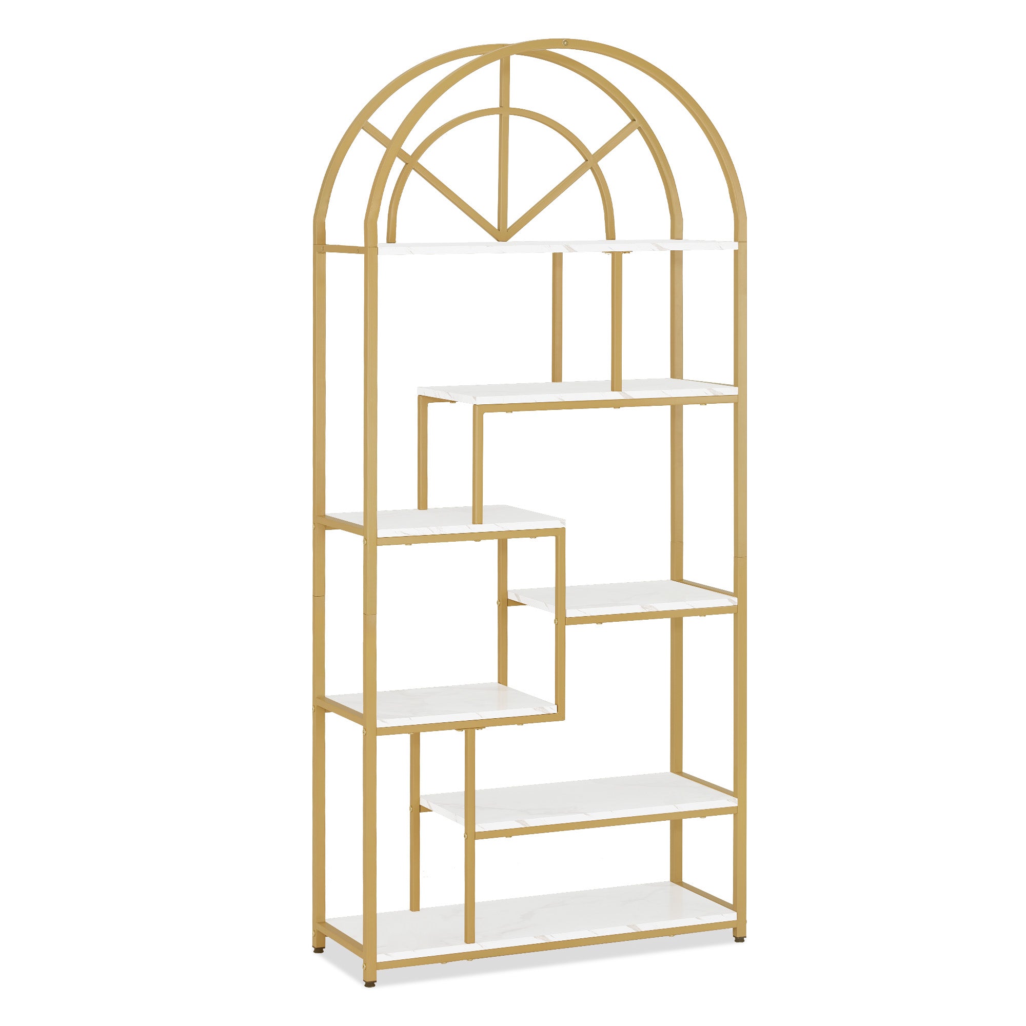 BarberPub Bücherregal, Standregal mit 7 Ebenen, Büroregal mit Metallrahmen, Regal für Büro, Wohnzimmer, Schlafzimmer, Küche, Nagelstudio, Marmor-Weiß Gold, 30x80x180cm, 5183