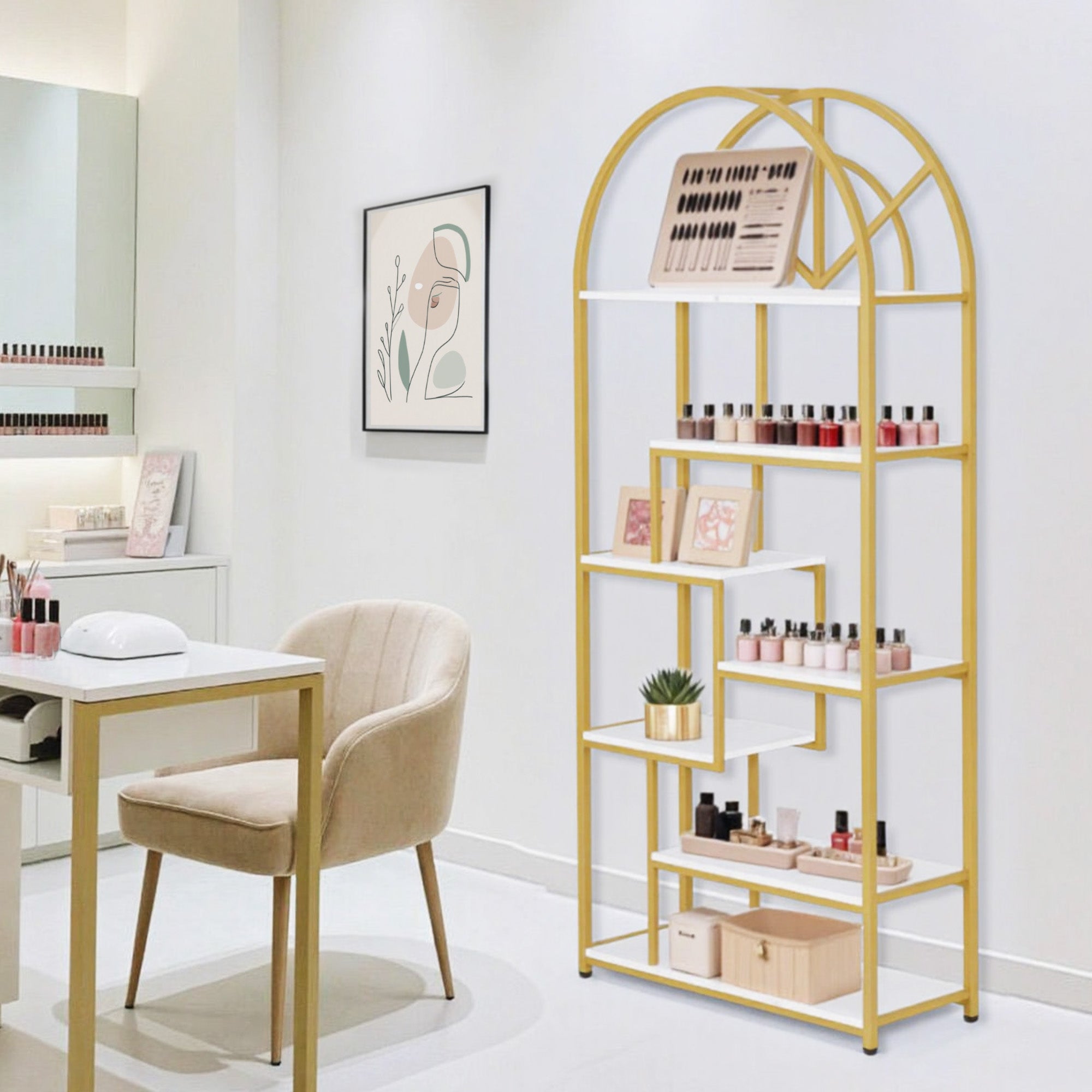 BarberPub Bücherregal, Standregal mit 7 Ebenen, Büroregal mit Metallrahmen, Regal für Büro, Wohnzimmer, Schlafzimmer, Küche, Nagelstudio, Marmor-Weiß Gold, 30x80x180cm, 5183