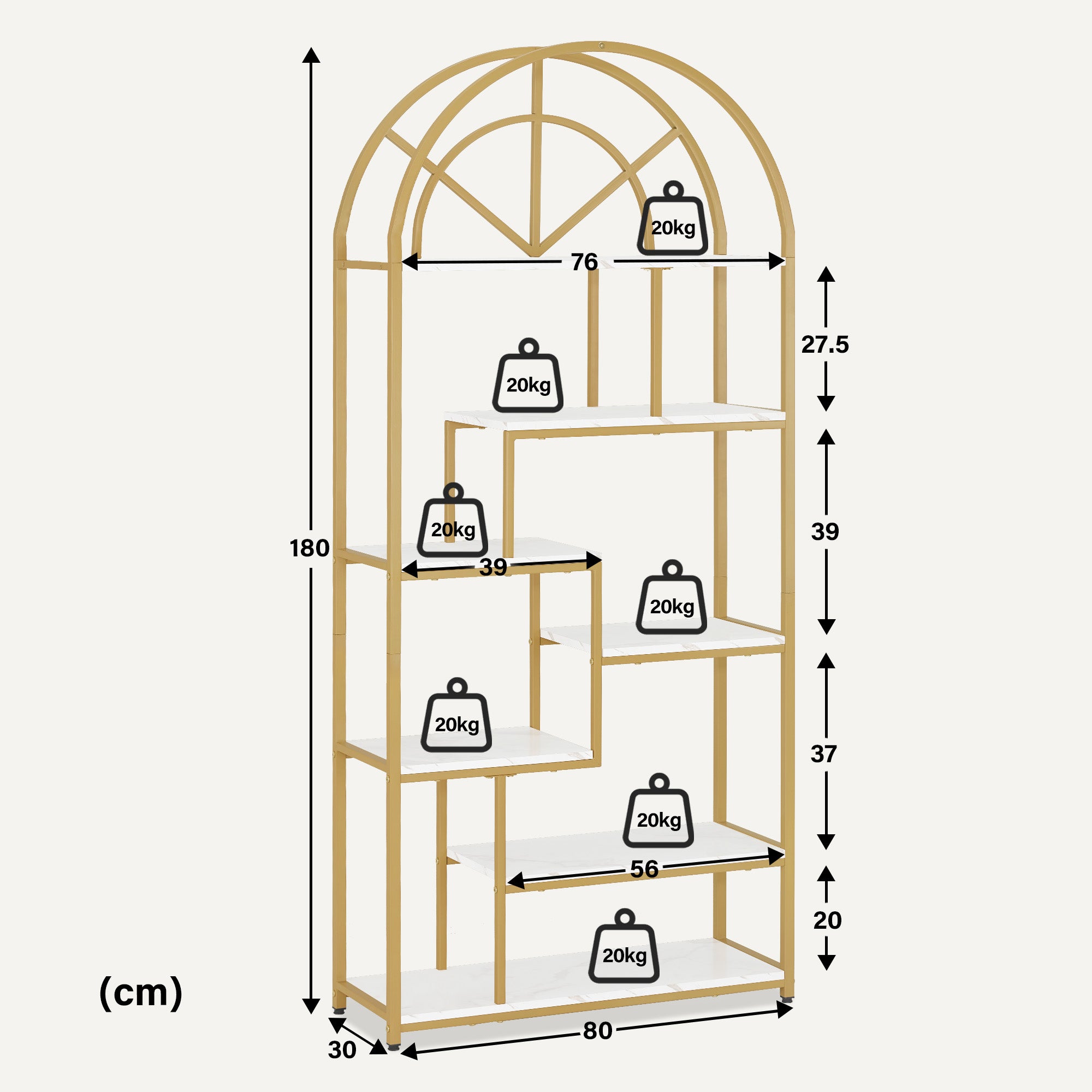 BarberPub Bücherregal, Standregal mit 7 Ebenen, Büroregal mit Metallrahmen, Regal für Büro, Wohnzimmer, Schlafzimmer, Küche, Nagelstudio, Marmor-Weiß Gold, 30x80x180cm, 5183