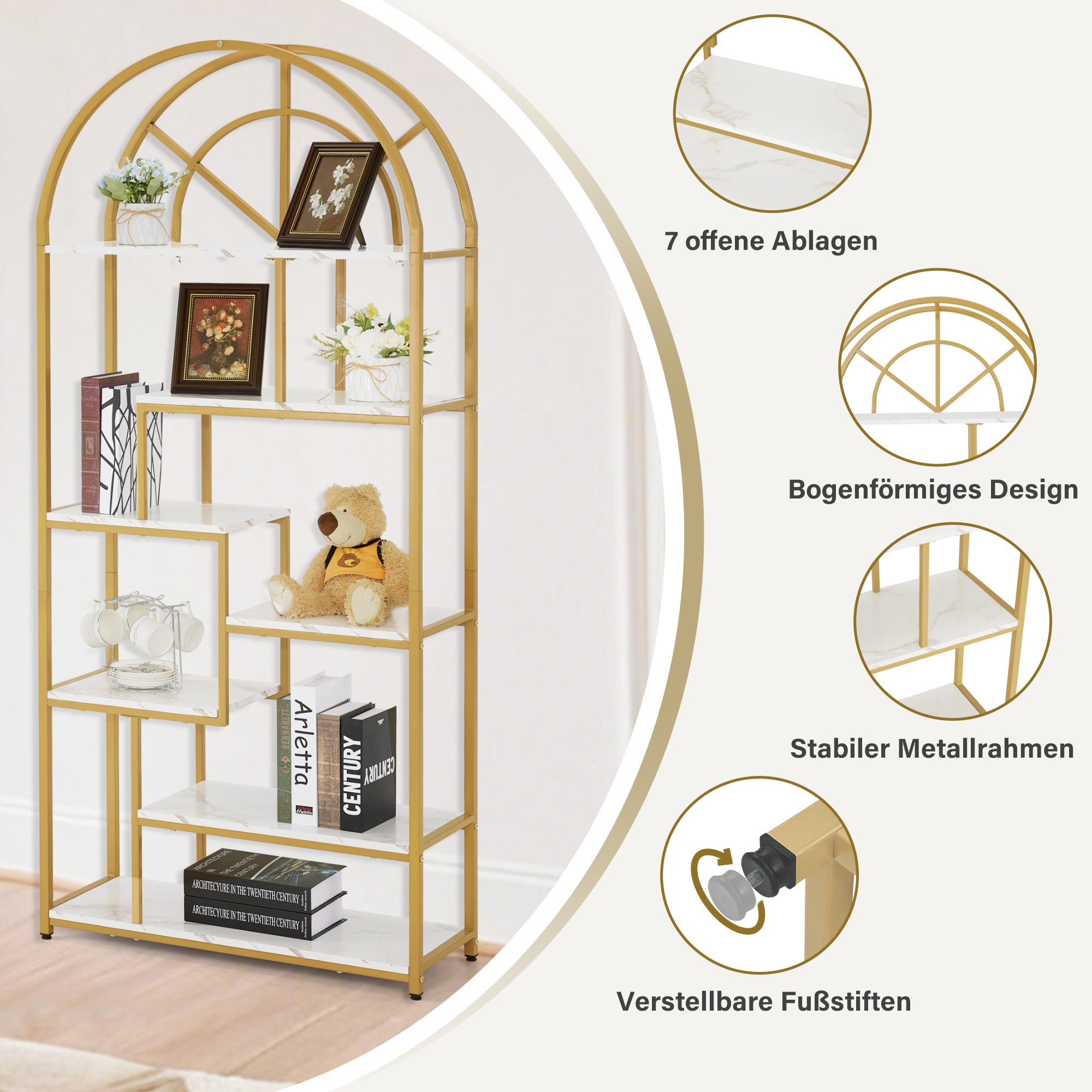 BarberPub Bücherregal, Standregal mit 7 Ebenen, Büroregal mit Metallrahmen, Regal für Büro, Wohnzimmer, Schlafzimmer, Küche, Nagelstudio, Marmor-Weiß Gold, 30x80x180cm, 5183