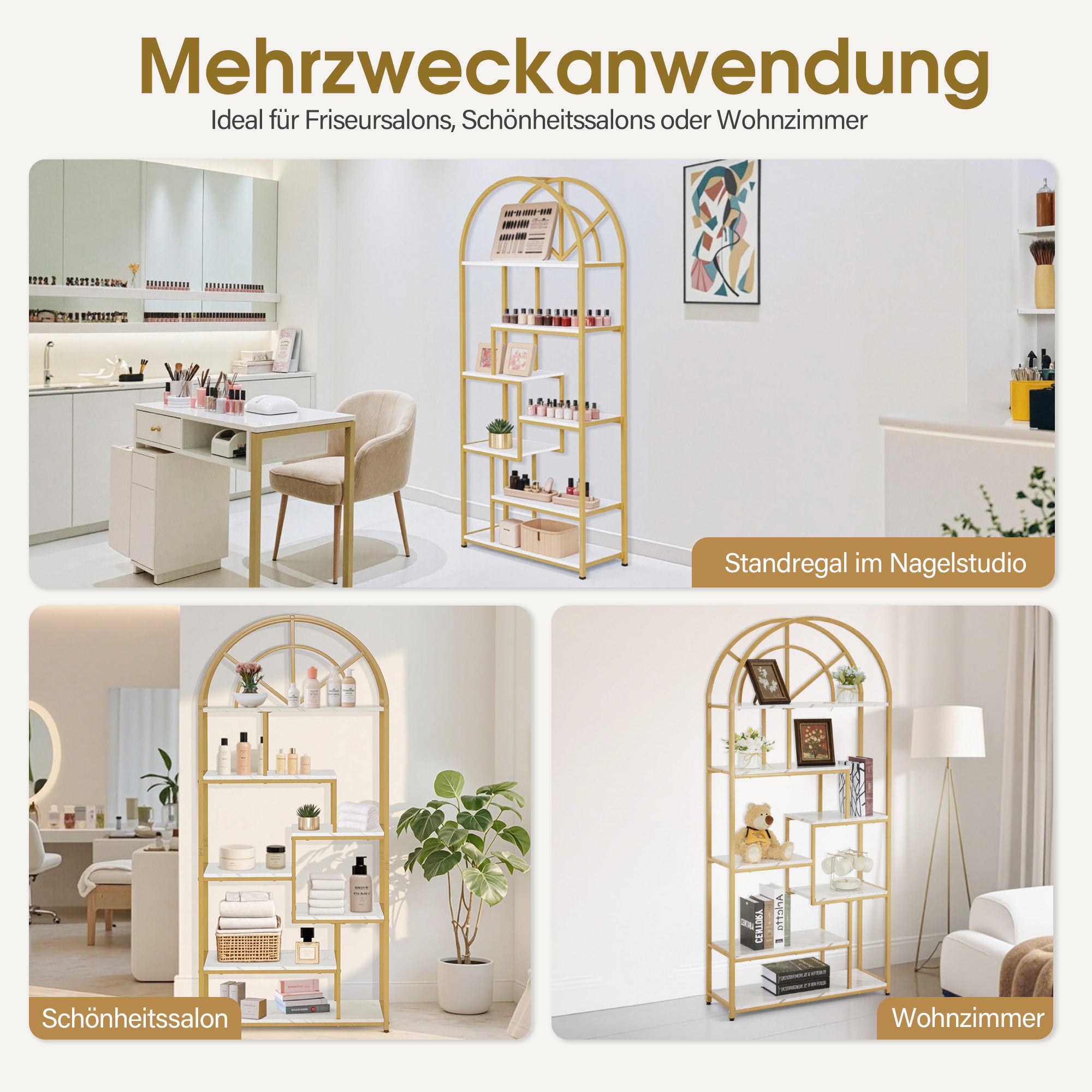 BarberPub Bücherregal, Standregal mit 7 Ebenen, Büroregal mit Metallrahmen, Regal für Büro, Wohnzimmer, Schlafzimmer, Küche, Nagelstudio, Marmor-Weiß Gold, 30x80x180cm, 5183