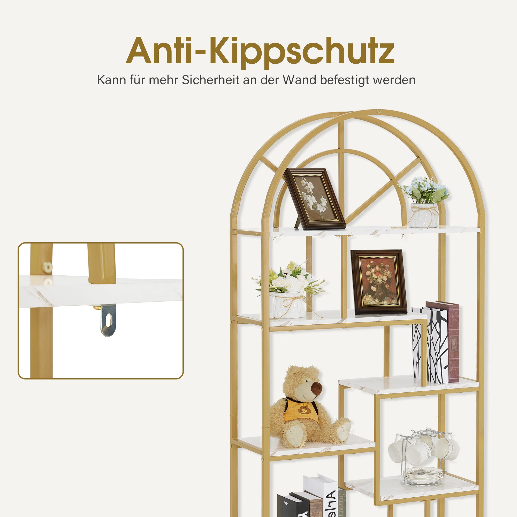 BarberPub Bücherregal, Standregal mit 7 Ebenen, Büroregal mit Metallrahmen, Regal für Büro, Wohnzimmer, Schlafzimmer, Küche, Nagelstudio, Marmor-Weiß Gold, 30x80x180cm, 5183
