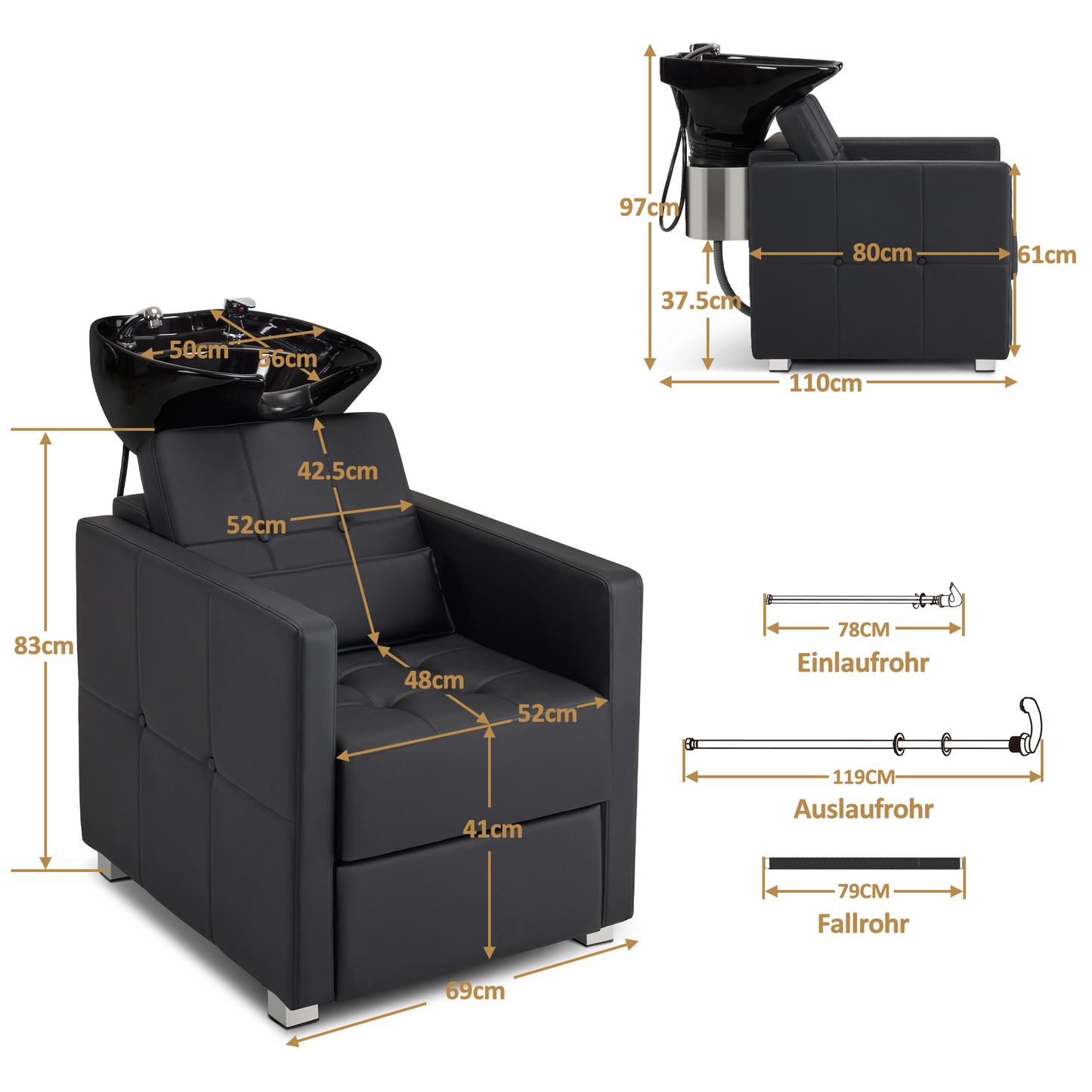 Barberpub Friseurstuhl mit Waschbecken, Friseurwaschbecken aus Keramik Verstellbar, Rückwärtswaschsessel Friseurwaschsessel für SPA Salon, Friseur Waschplatz 8010 (Schwarz/PVC)