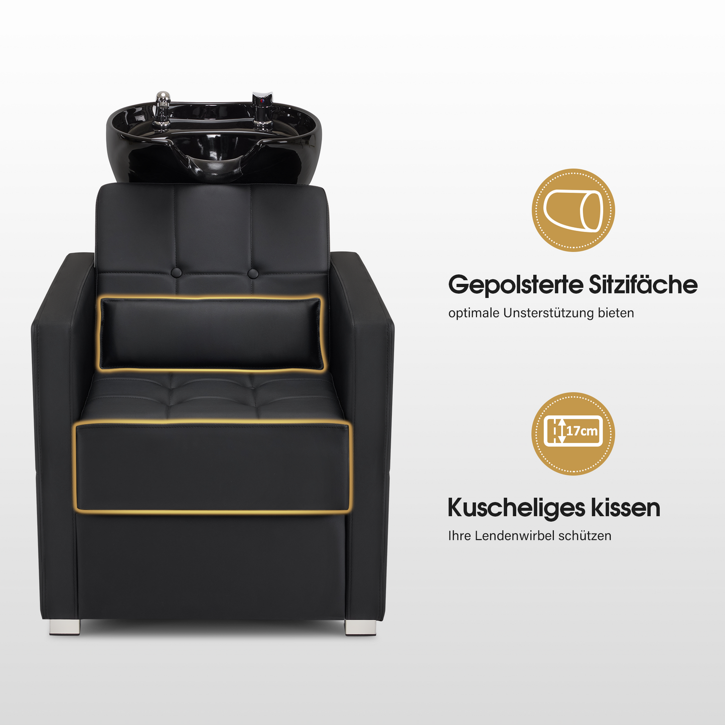 Barberpub Friseurstuhl mit Waschbecken, Friseurwaschbecken aus Keramik Verstellbar, Rückwärtswaschsessel Friseurwaschsessel für SPA Salon, Friseur Waschplatz 8010 (Schwarz/PVC)