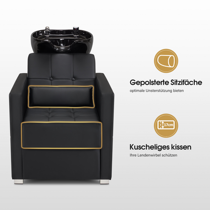 Barberpub Friseurstuhl mit Waschbecken, Friseurwaschbecken aus Keramik Verstellbar, Rückwärtswaschsessel Friseurwaschsessel für SPA Salon, Friseur Waschplatz 8010 (Schwarz/PVC)