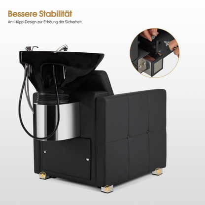 Barberpub Friseurstuhl mit Waschbecken, Friseurwaschbecken aus Keramik Verstellbar, Rückwärtswaschsessel Friseurwaschsessel für SPA Salon, Friseur Waschplatz 8010 (Schwarz/PVC)