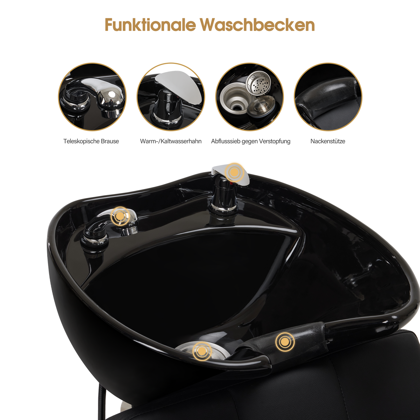 Barberpub Friseurstuhl mit Waschbecken, Friseurwaschbecken aus Keramik Verstellbar, Rückwärtswaschsessel Friseurwaschsessel für SPA Salon, Friseur Waschplatz 8010 (Schwarz/PVC)