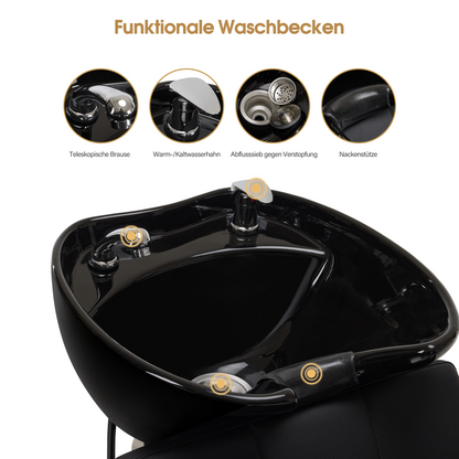 Barberpub Friseurstuhl mit Waschbecken, Friseurwaschbecken aus Keramik Verstellbar, Rückwärtswaschsessel Friseurwaschsessel für SPA Salon, Friseur Waschplatz 8010 (Schwarz/PVC)