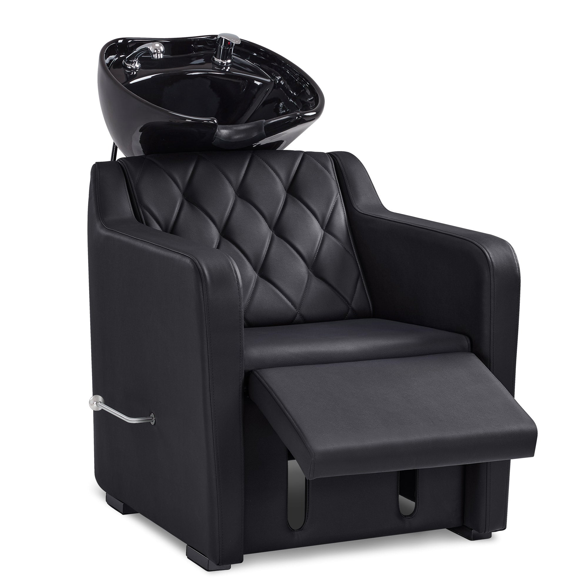 BarberPub Friseurstuhl mit Waschbecken, Klappbare Beinstütze, Friseurwaschbecken aus Keramik Verstellbar, Friseurwaschsessel für SPA Salon, Friseur Waschplatz 8620 (Schwarz/Kunstleder)