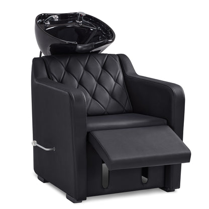 BarberPub Friseurstuhl mit Waschbecken, Klappbare Beinstütze, Friseurwaschbecken aus Keramik Verstellbar, Friseurwaschsessel für SPA Salon, Friseur Waschplatz 8620 (Schwarz/Kunstleder)