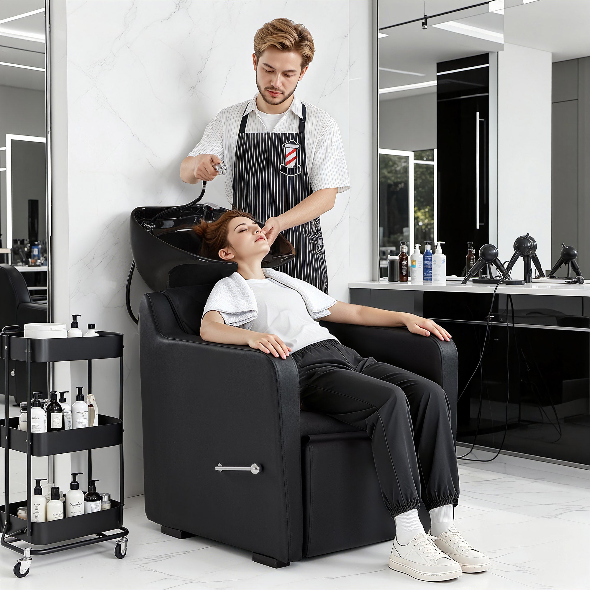 BarberPub Friseurstuhl mit Waschbecken, Klappbare Beinstütze, Friseurwaschbecken aus Keramik Verstellbar, Friseurwaschsessel für SPA Salon, Friseur Waschplatz 8620 (Schwarz/Kunstleder)
