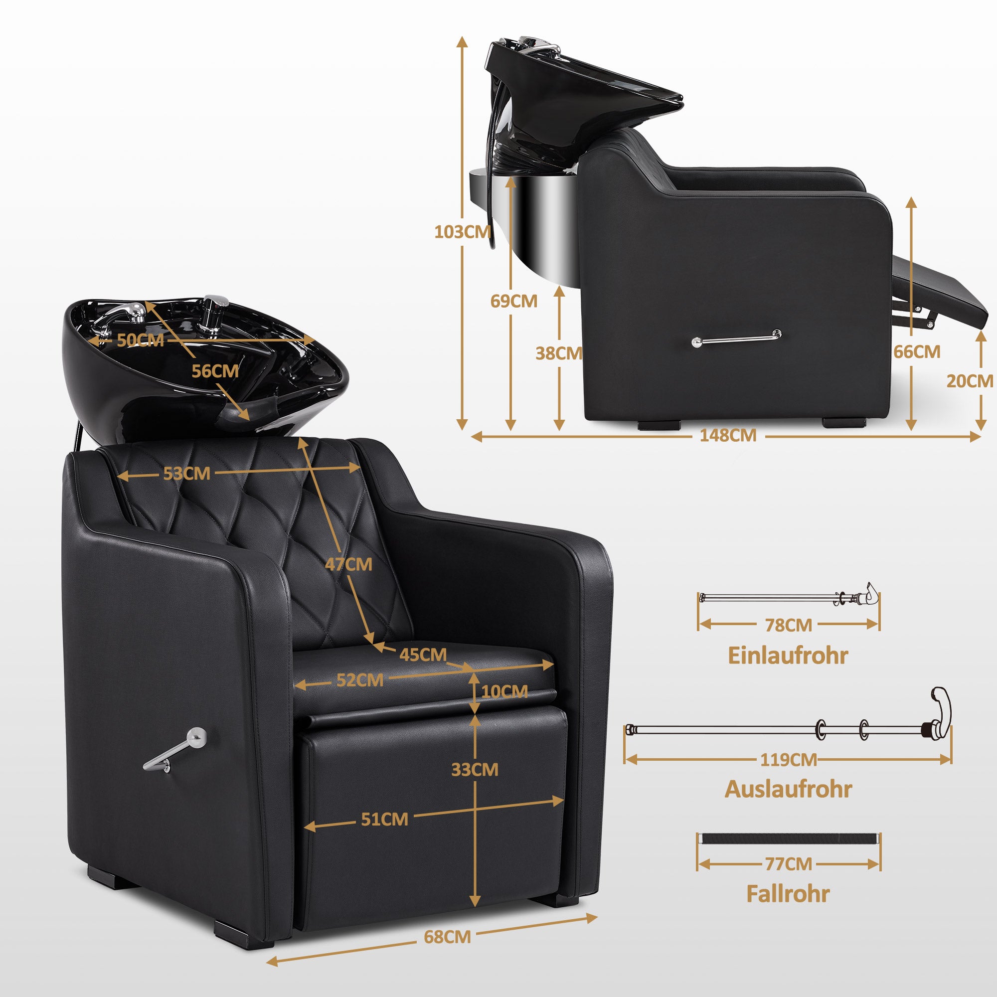BarberPub Friseurstuhl mit Waschbecken, Klappbare Beinstütze, Friseurwaschbecken aus Keramik Verstellbar, Friseurwaschsessel für SPA Salon, Friseur Waschplatz 8620 (Schwarz/Kunstleder)