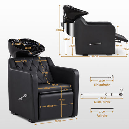 BarberPub Friseurstuhl mit Waschbecken, Klappbare Beinstütze, Friseurwaschbecken aus Keramik Verstellbar, Friseurwaschsessel für SPA Salon, Friseur Waschplatz 8620 (Schwarz/Kunstleder)