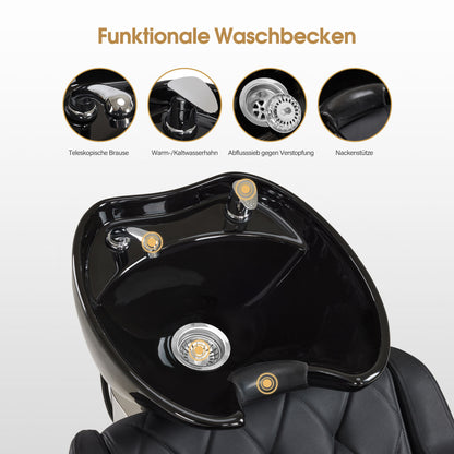 BarberPub Friseurstuhl mit Waschbecken, Klappbare Beinstütze, Friseurwaschbecken aus Keramik Verstellbar, Friseurwaschsessel für SPA Salon, Friseur Waschplatz 8620 (Schwarz/Kunstleder)
