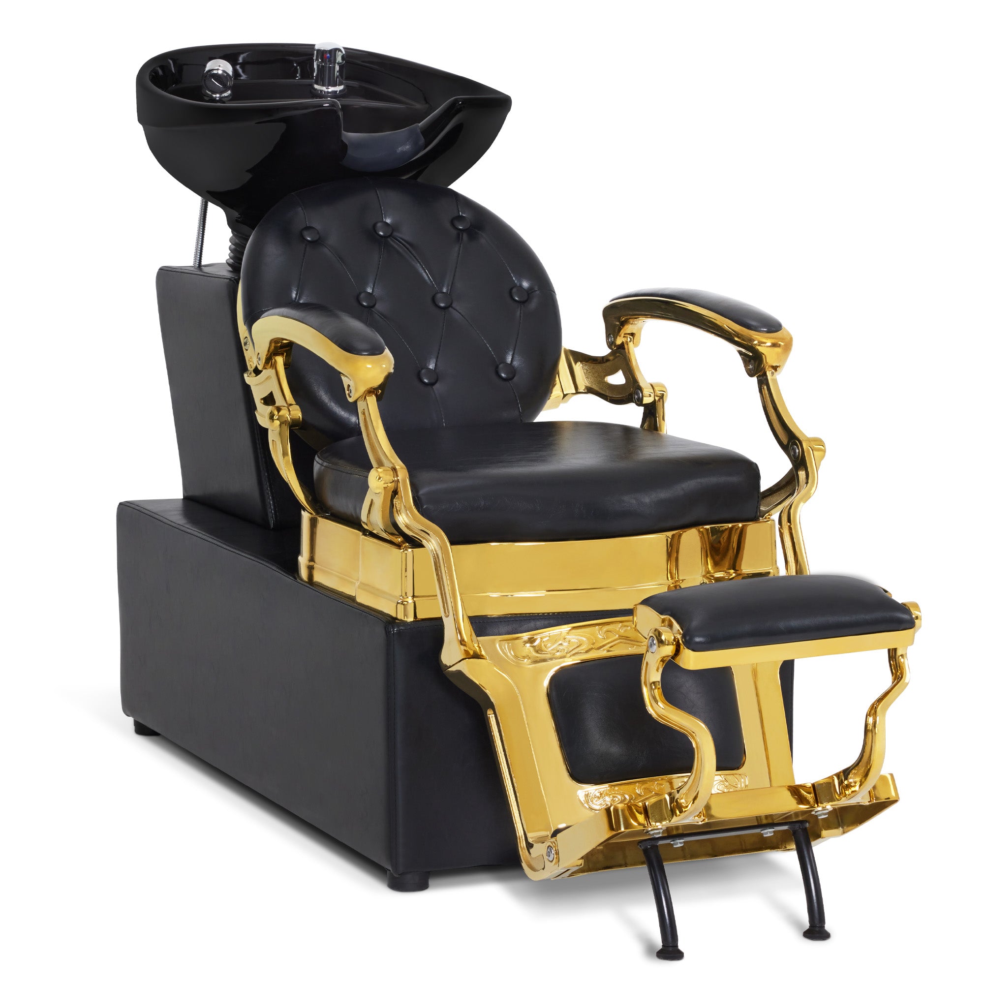 BarberPub Friseurstuhl mit Waschbecken, Drehbare Fustütze, Friseurwaschbecken aus Keramik Verstellbar Friseurwaschsessel für SPA Salon, Friseur Waschplatz Retro 8653 (Gold-Schwarz/Kunstleder)