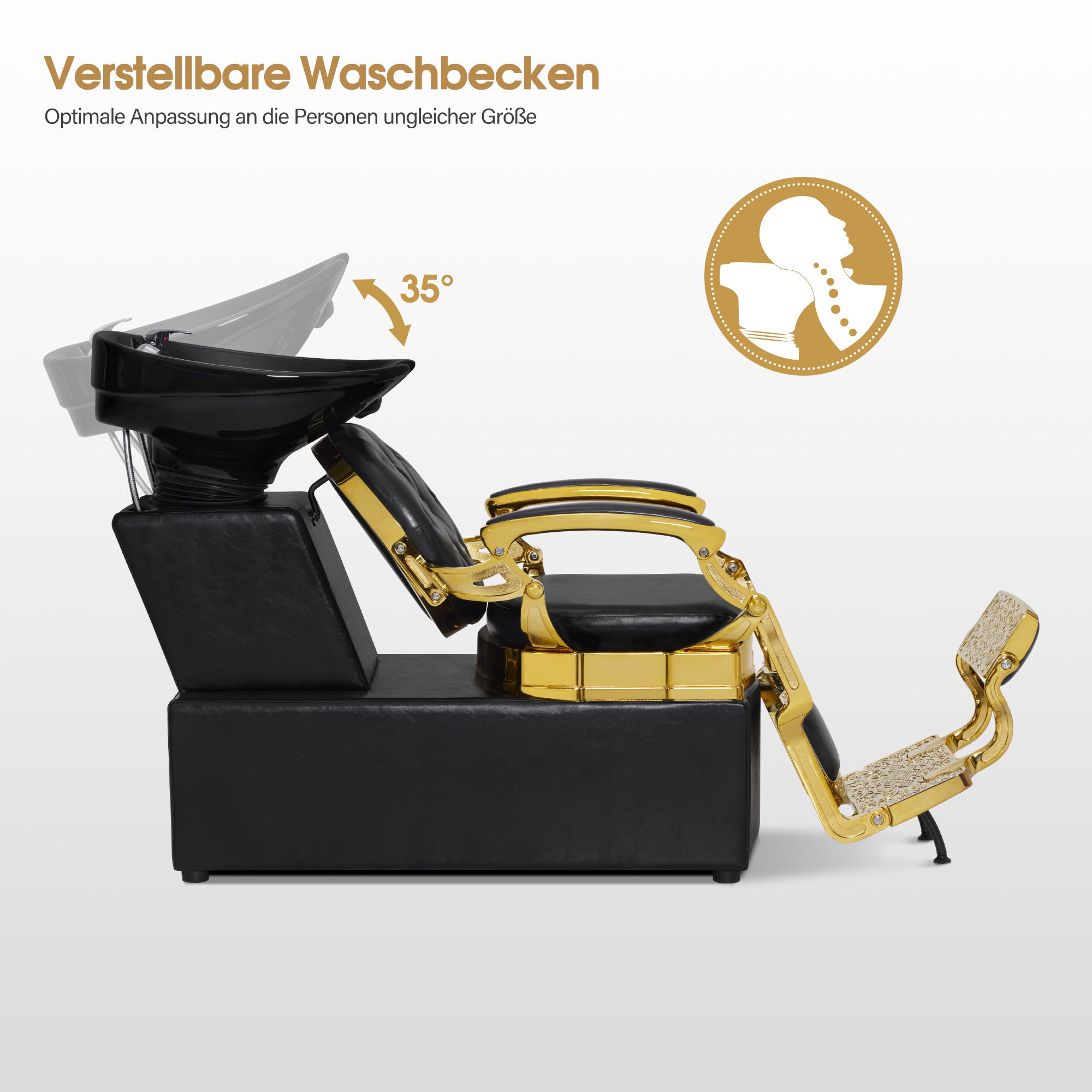 BarberPub Friseurstuhl mit Waschbecken, Drehbare Fustütze, Friseurwaschbecken aus Keramik Verstellbar Friseurwaschsessel für SPA Salon, Friseur Waschplatz Retro 8653 (Gold-Schwarz/Kunstleder)