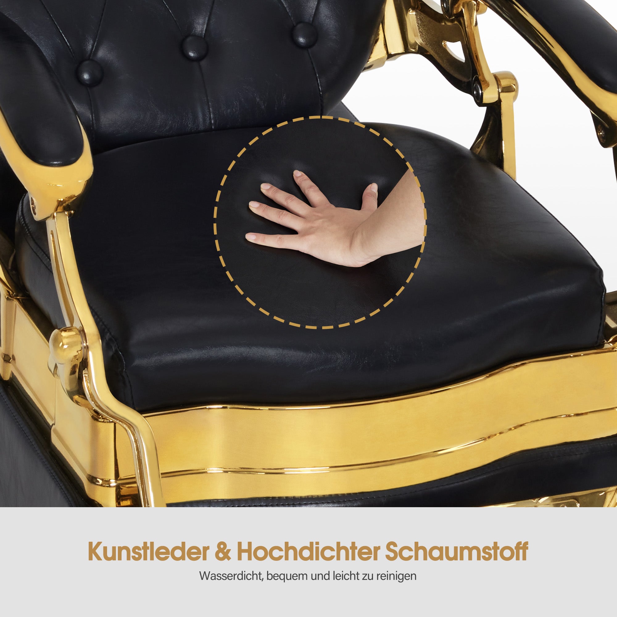 BarberPub Friseurstuhl mit Waschbecken, Drehbare Fustütze, Friseurwaschbecken aus Keramik Verstellbar Friseurwaschsessel für SPA Salon, Friseur Waschplatz Retro 8653 (Gold-Schwarz/Kunstleder)