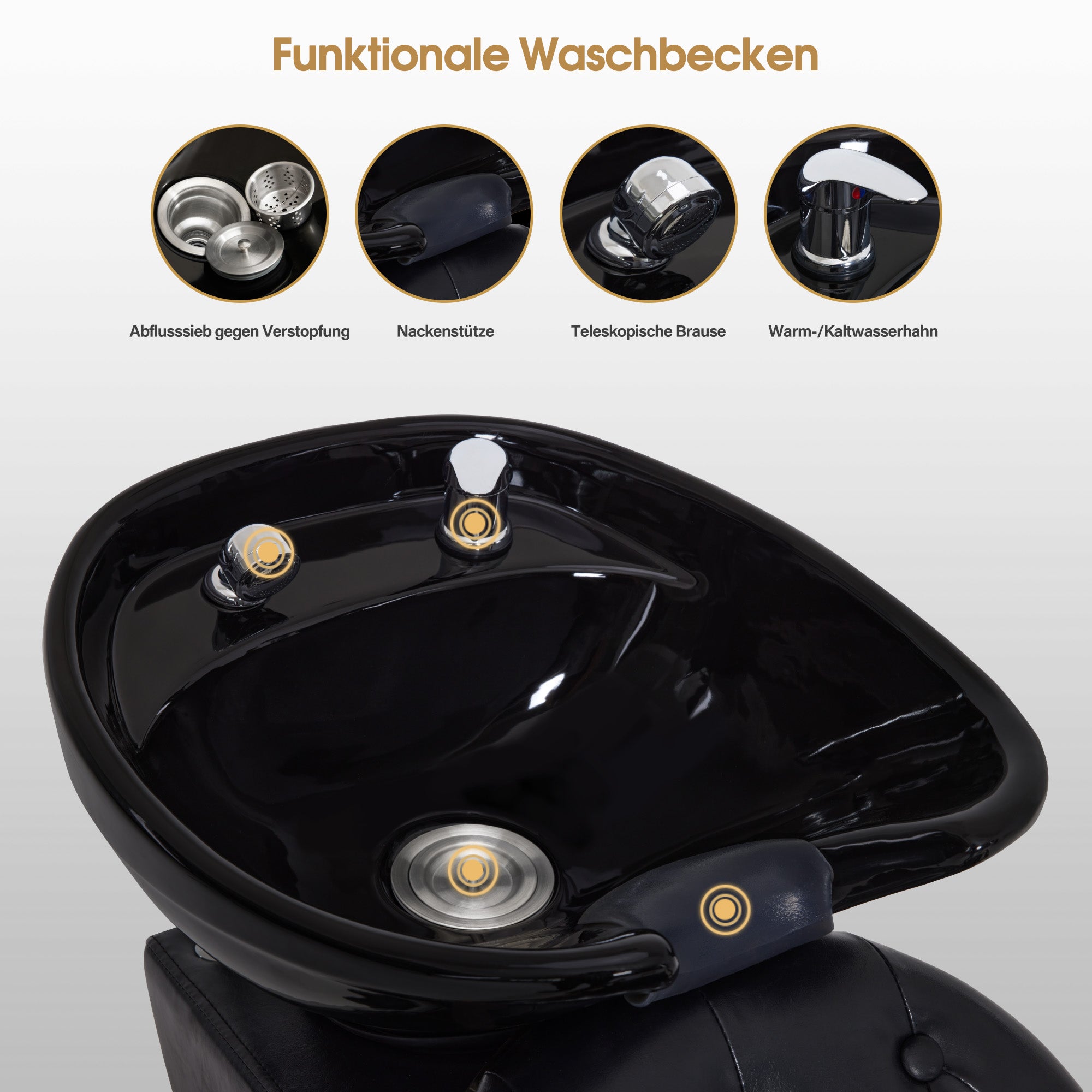 BarberPub Friseurstuhl mit Waschbecken, Drehbare Fustütze, Friseurwaschbecken aus Keramik Verstellbar Friseurwaschsessel für SPA Salon, Friseur Waschplatz Retro 8653 (Gold-Schwarz/Kunstleder)