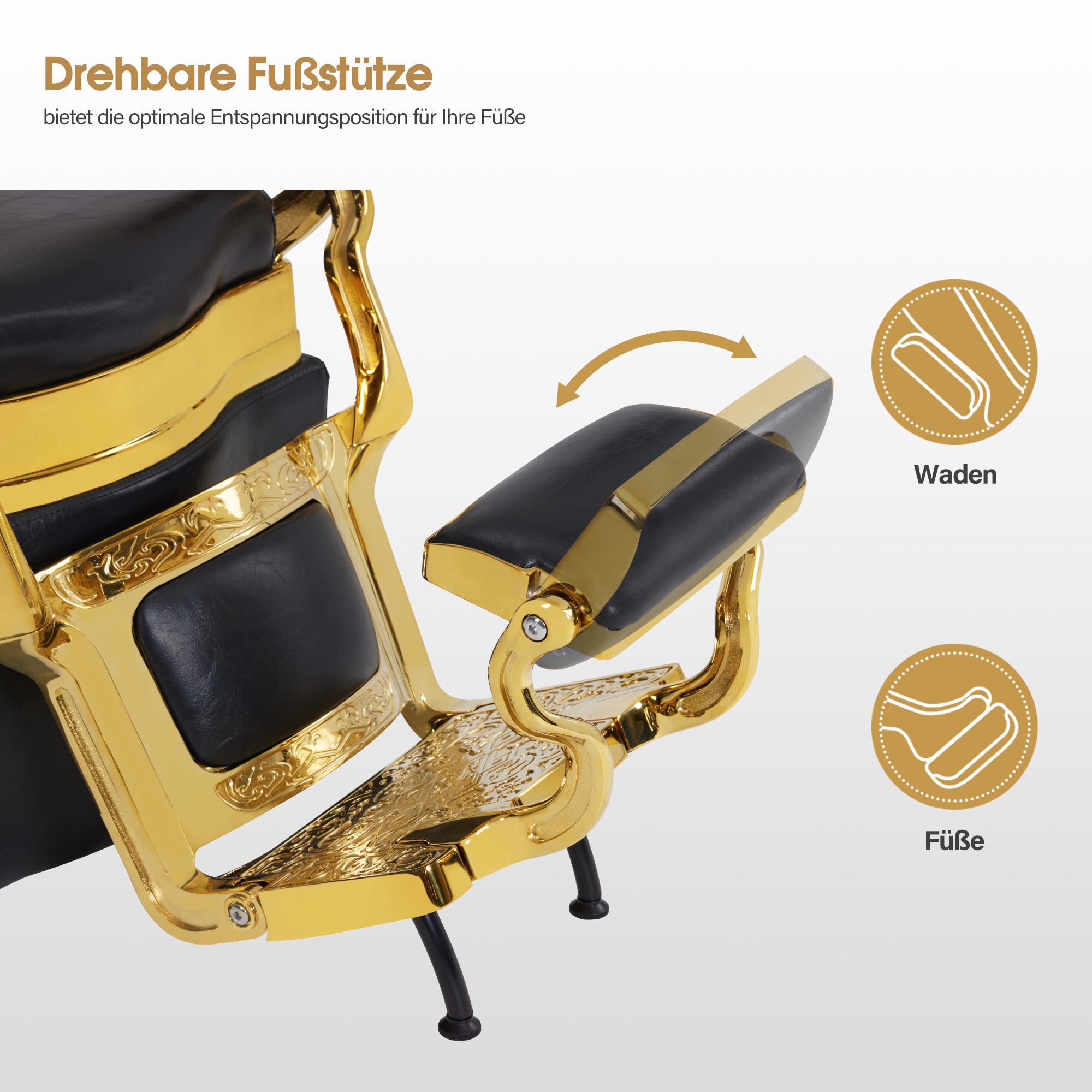 BarberPub Friseurstuhl mit Waschbecken, Drehbare Fustütze, Friseurwaschbecken aus Keramik Verstellbar Friseurwaschsessel für SPA Salon, Friseur Waschplatz Retro 8653 (Gold-Schwarz/Kunstleder)