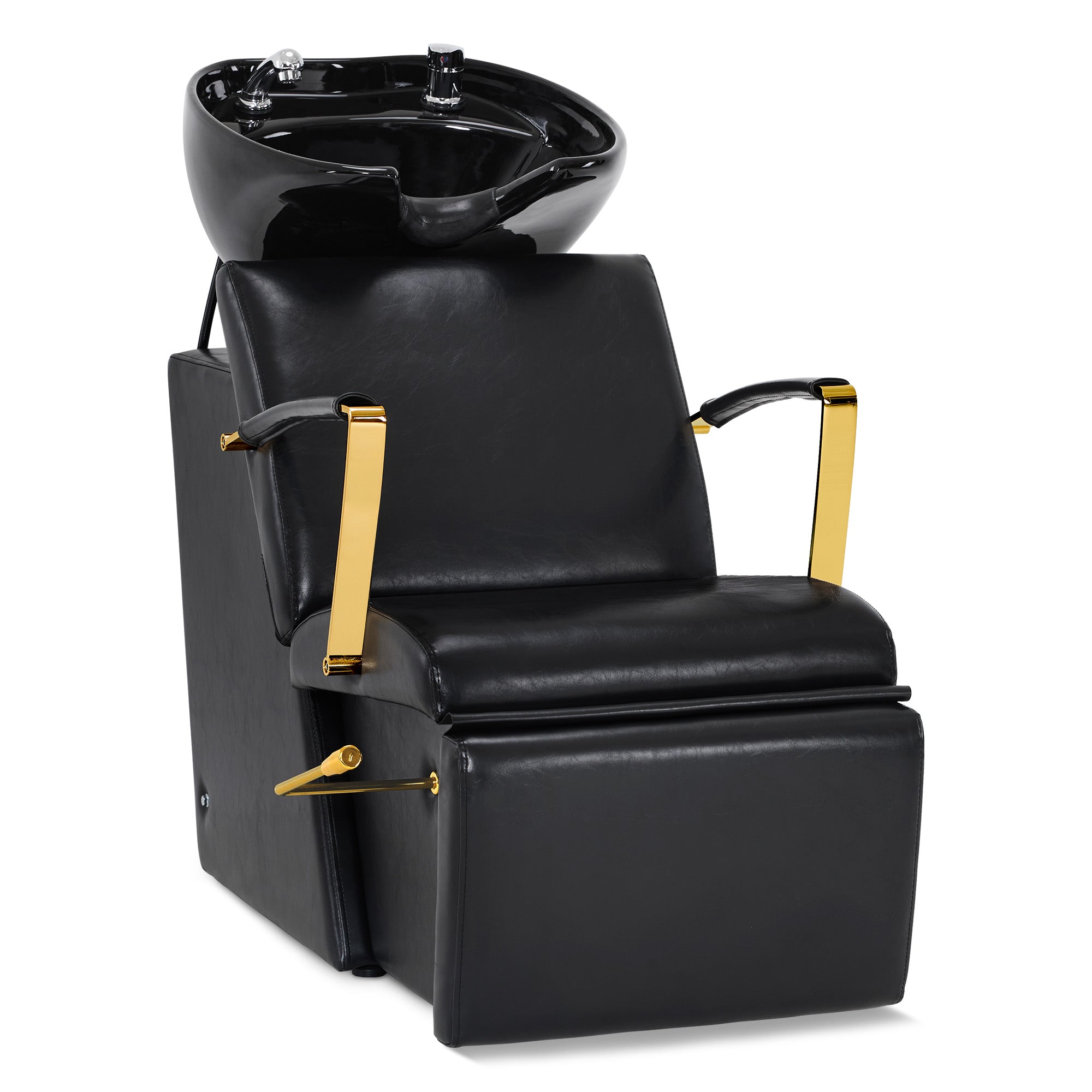 BarberPub Friseurstuhl mit Waschbecken, Klappbare Beinstütze, Friseurwaschbecken aus Keramik Verstellbar, Friseurwaschsessel für SPA Salon, Friseur Waschplatz 8670 (Schwarz-Gold/Kunstleder)