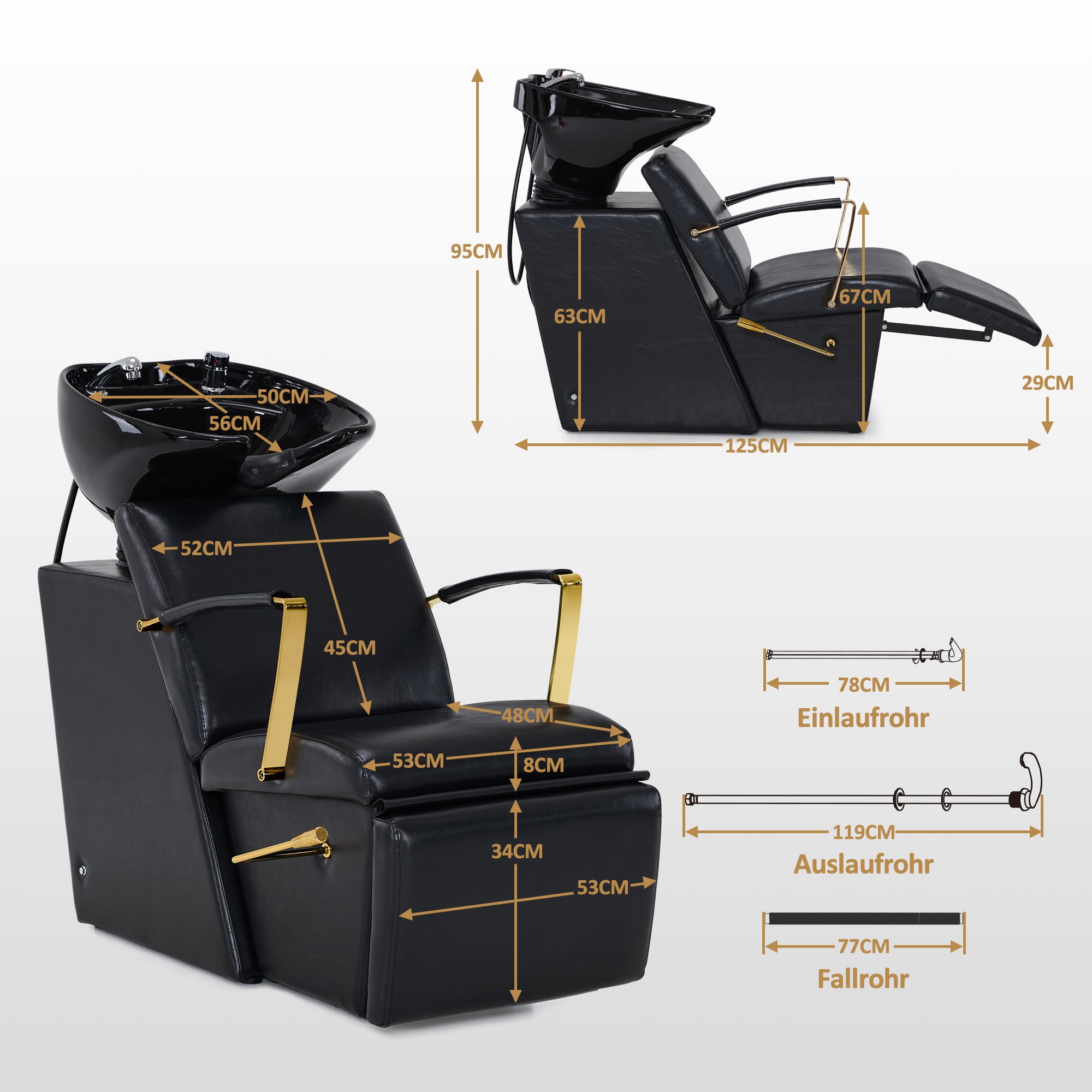 BarberPub Friseurstuhl mit Waschbecken, Klappbare Beinstütze, Friseurwaschbecken aus Keramik Verstellbar, Friseurwaschsessel für SPA Salon, Friseur Waschplatz 8670 (Schwarz-Gold/Kunstleder)