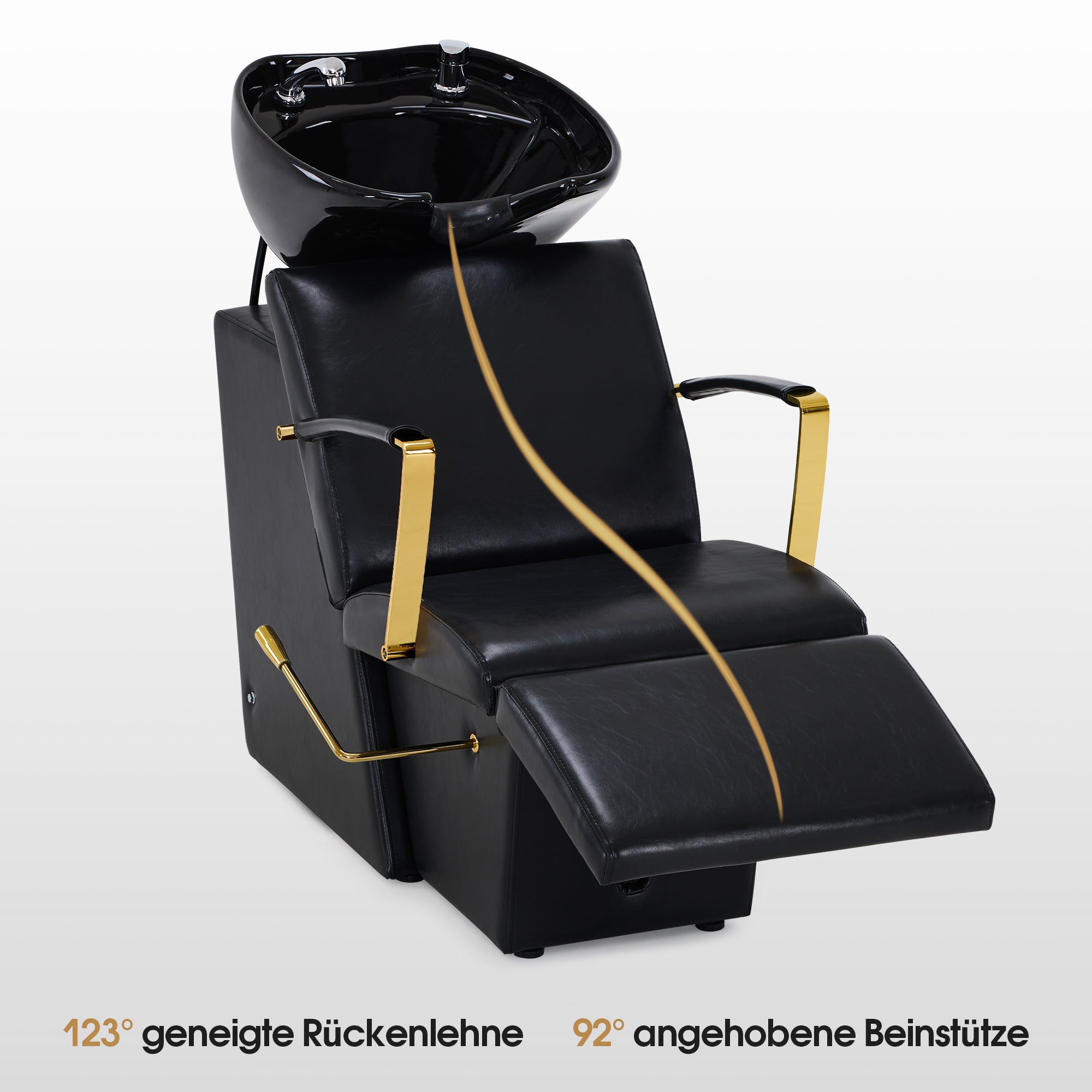 BarberPub Friseurstuhl mit Waschbecken, Klappbare Beinstütze, Friseurwaschbecken aus Keramik Verstellbar, Friseurwaschsessel für SPA Salon, Friseur Waschplatz 8670 (Schwarz-Gold/Kunstleder)
