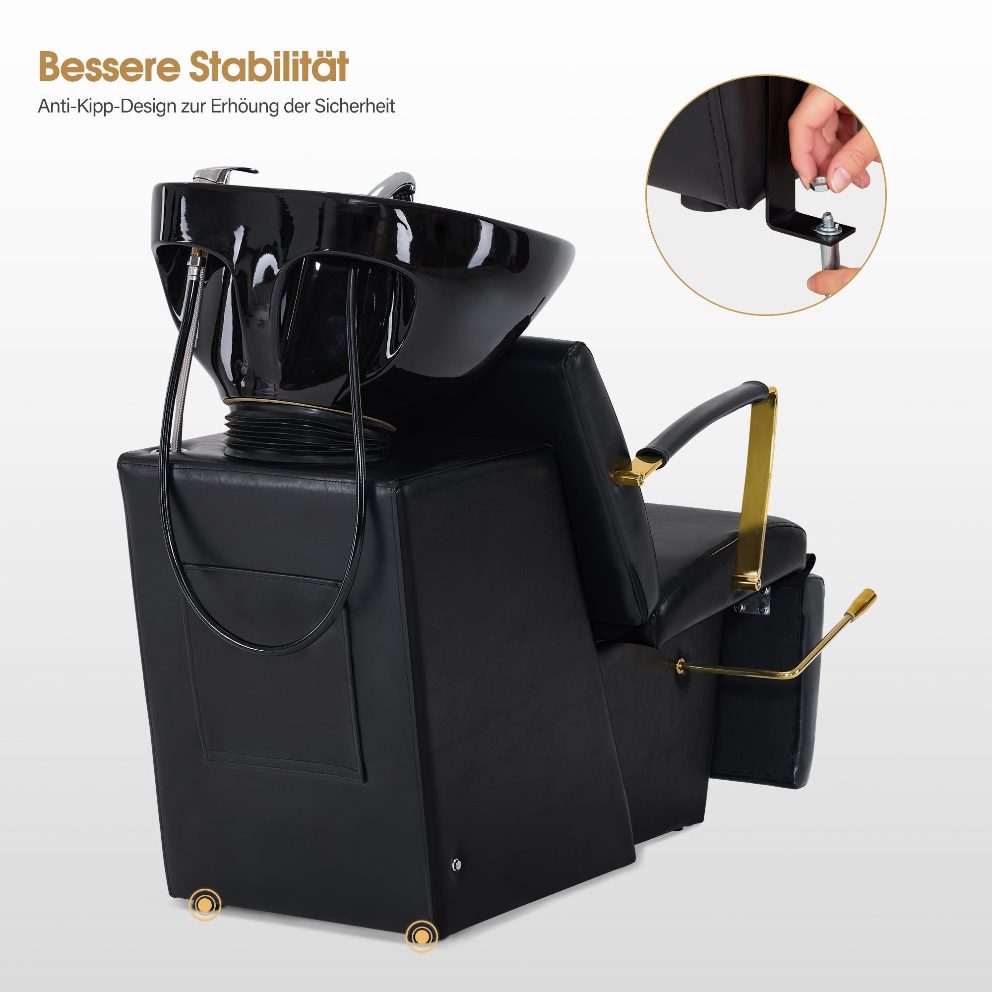 BarberPub Friseurstuhl mit Waschbecken, Klappbare Beinstütze, Friseurwaschbecken aus Keramik Verstellbar, Friseurwaschsessel für SPA Salon, Friseur Waschplatz 8670 (Schwarz-Gold/Kunstleder)