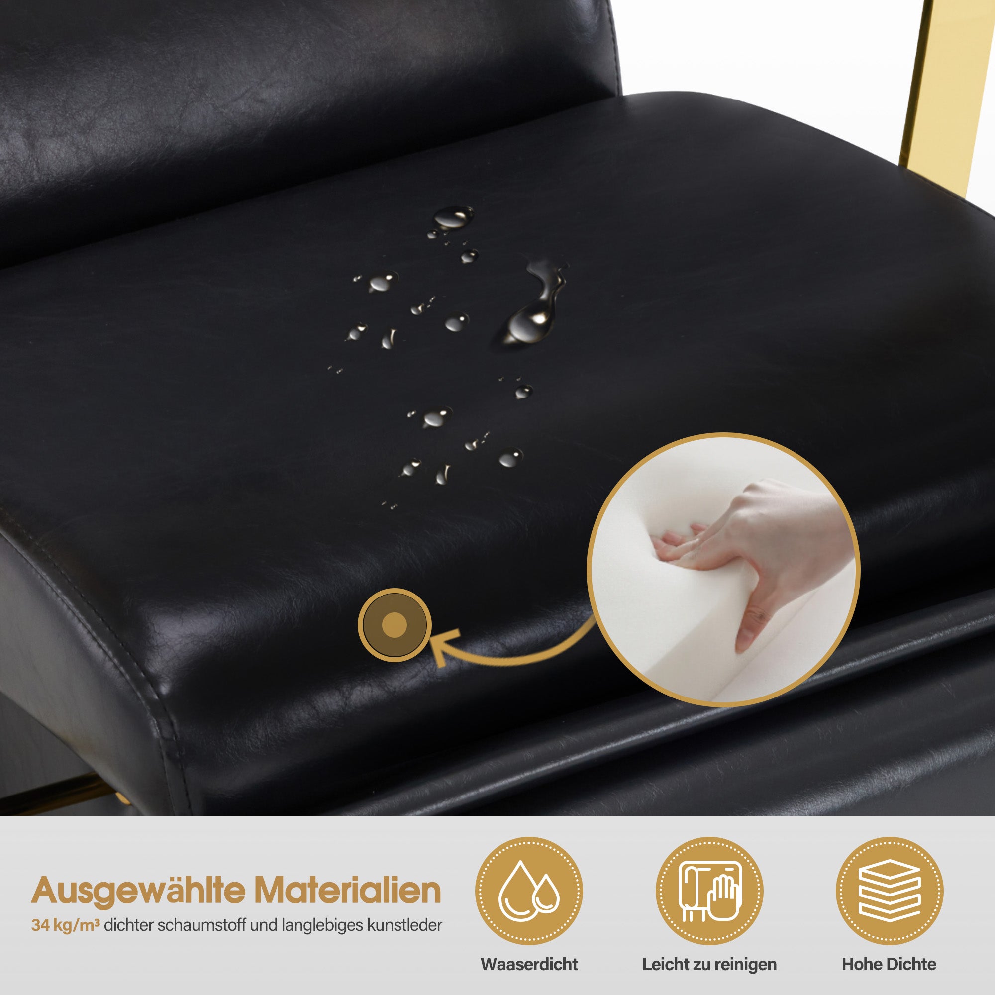 BarberPub Friseurstuhl mit Waschbecken, Klappbare Beinstütze, Friseurwaschbecken aus Keramik Verstellbar, Friseurwaschsessel für SPA Salon, Friseur Waschplatz 8670 (Schwarz-Gold/Kunstleder)