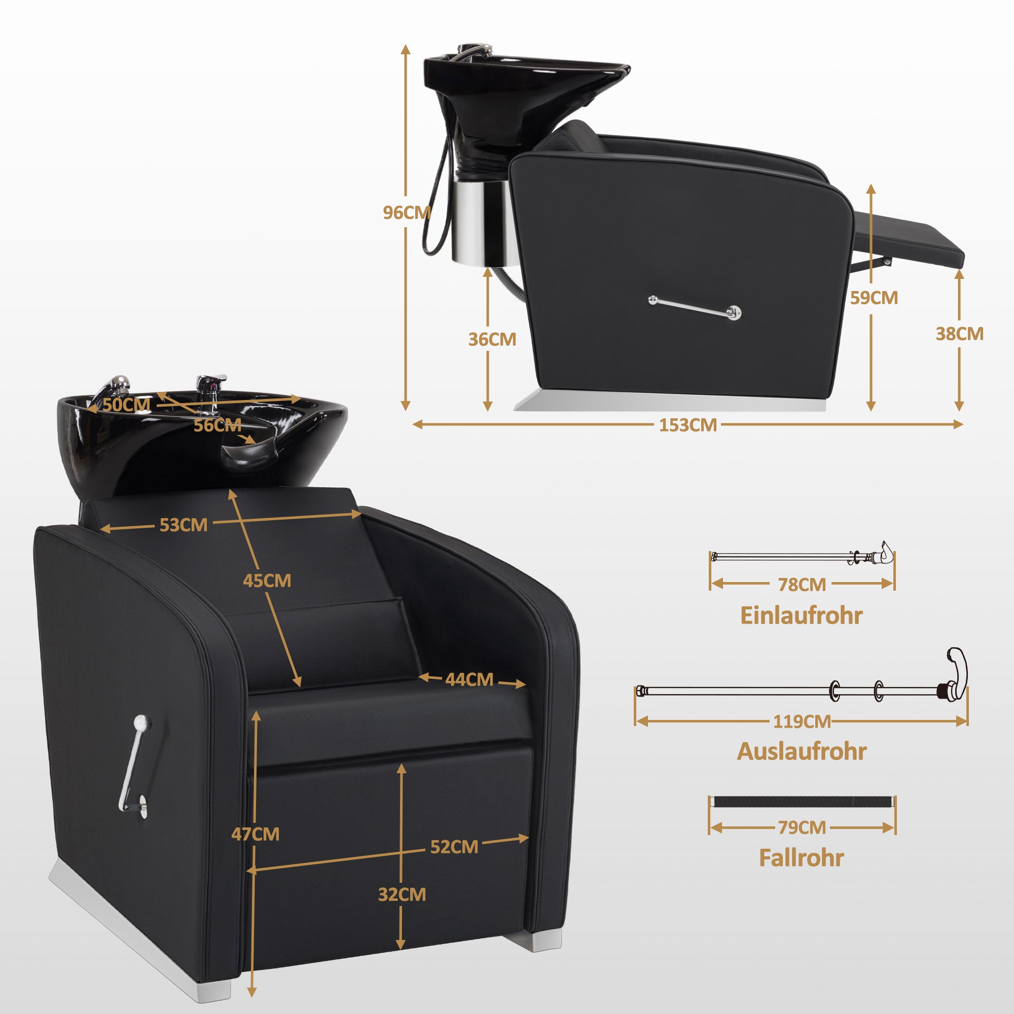 BarberPub Friseurstuhl mit Waschbecken, Klappbare Beinstütze, Friseur Waschbecken aus Keramik Verstellbar, Friseurwaschsessel für SPA Salon, Friseur Waschplatz 8679 (Schwarz/Kunstleder)