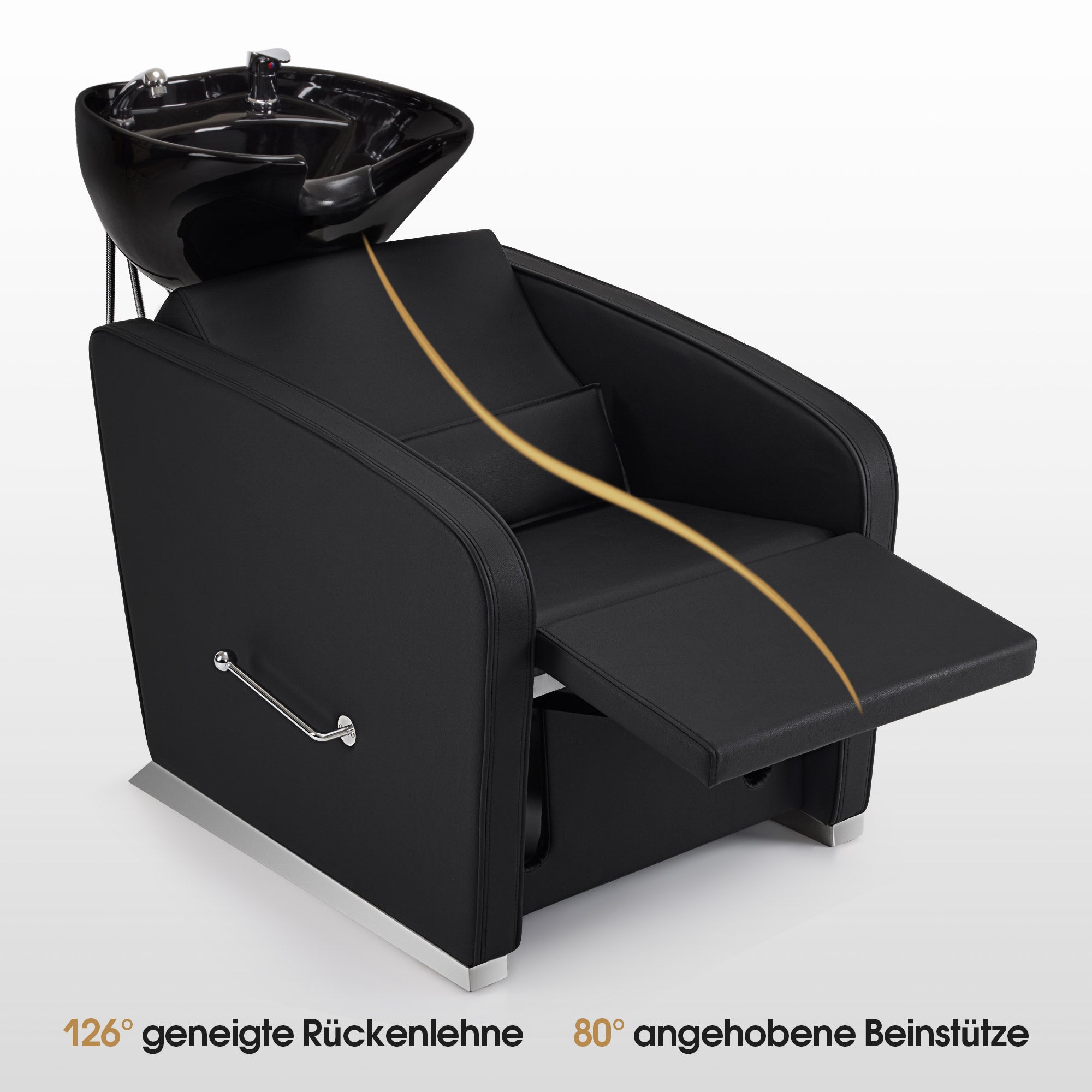 BarberPub Friseurstuhl mit Waschbecken, Klappbare Beinstütze, Friseur Waschbecken aus Keramik Verstellbar, Friseurwaschsessel für SPA Salon, Friseur Waschplatz 8679 (Schwarz/Kunstleder)