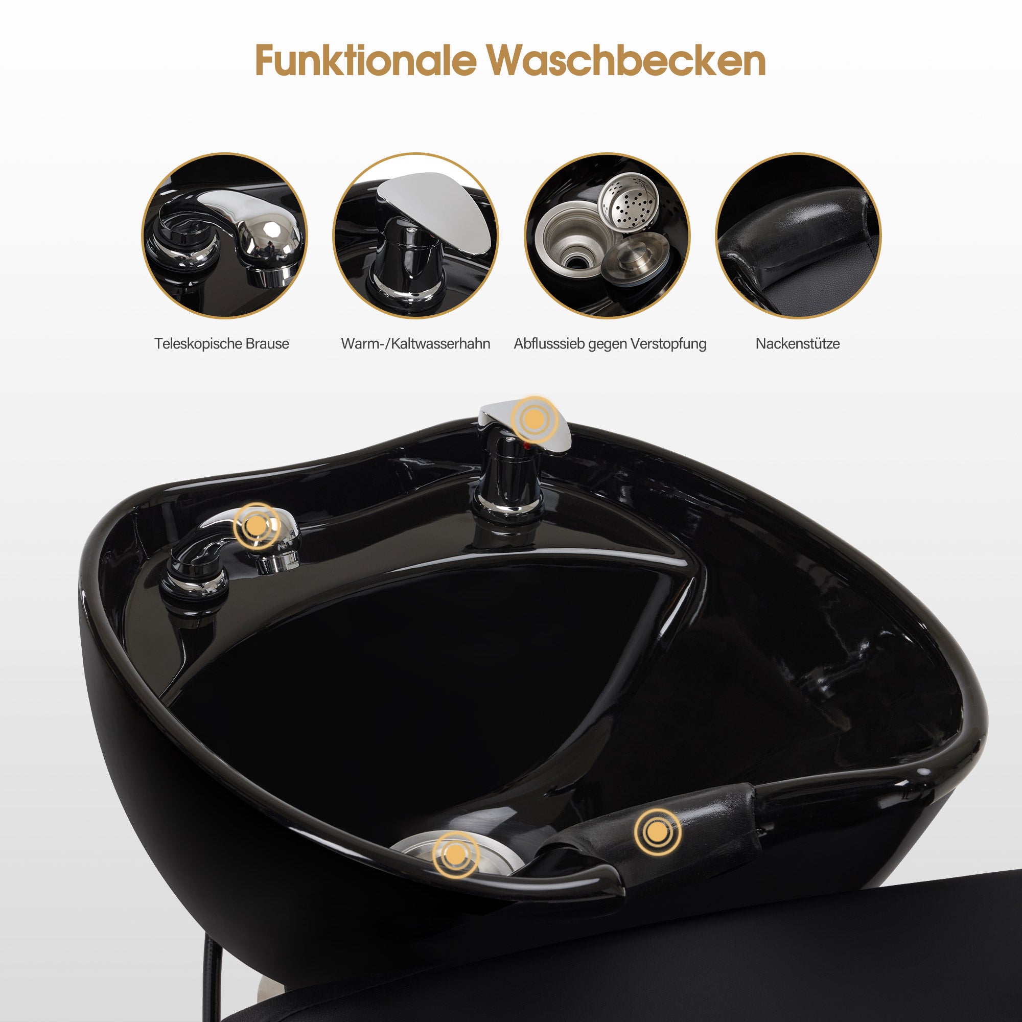 BarberPub Friseurstuhl mit Waschbecken, Klappbare Beinstütze, Friseur Waschbecken aus Keramik Verstellbar, Friseurwaschsessel für SPA Salon, Friseur Waschplatz 8679 (Schwarz/Kunstleder)