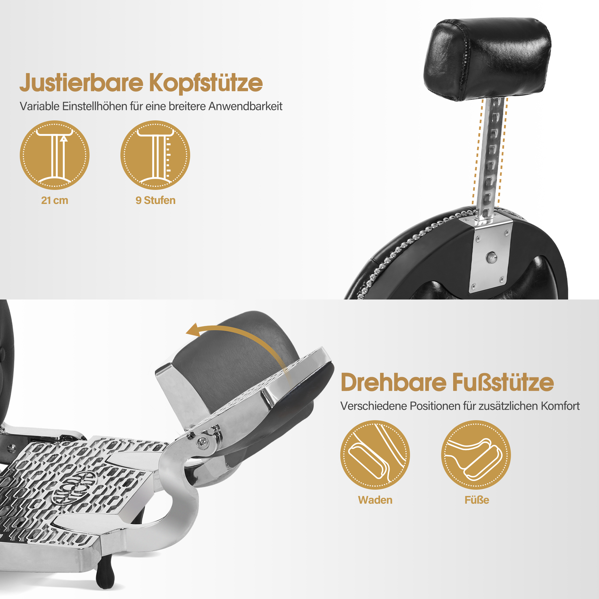 Barberpub Friseurstuhl mit Kopfstütze Kippbar, Barber Stuhl Retro Vintage, 360° Drehbar & Höhenverstellbar, Friseureinrichtung Hydraulisch, Kunstleder, 8688