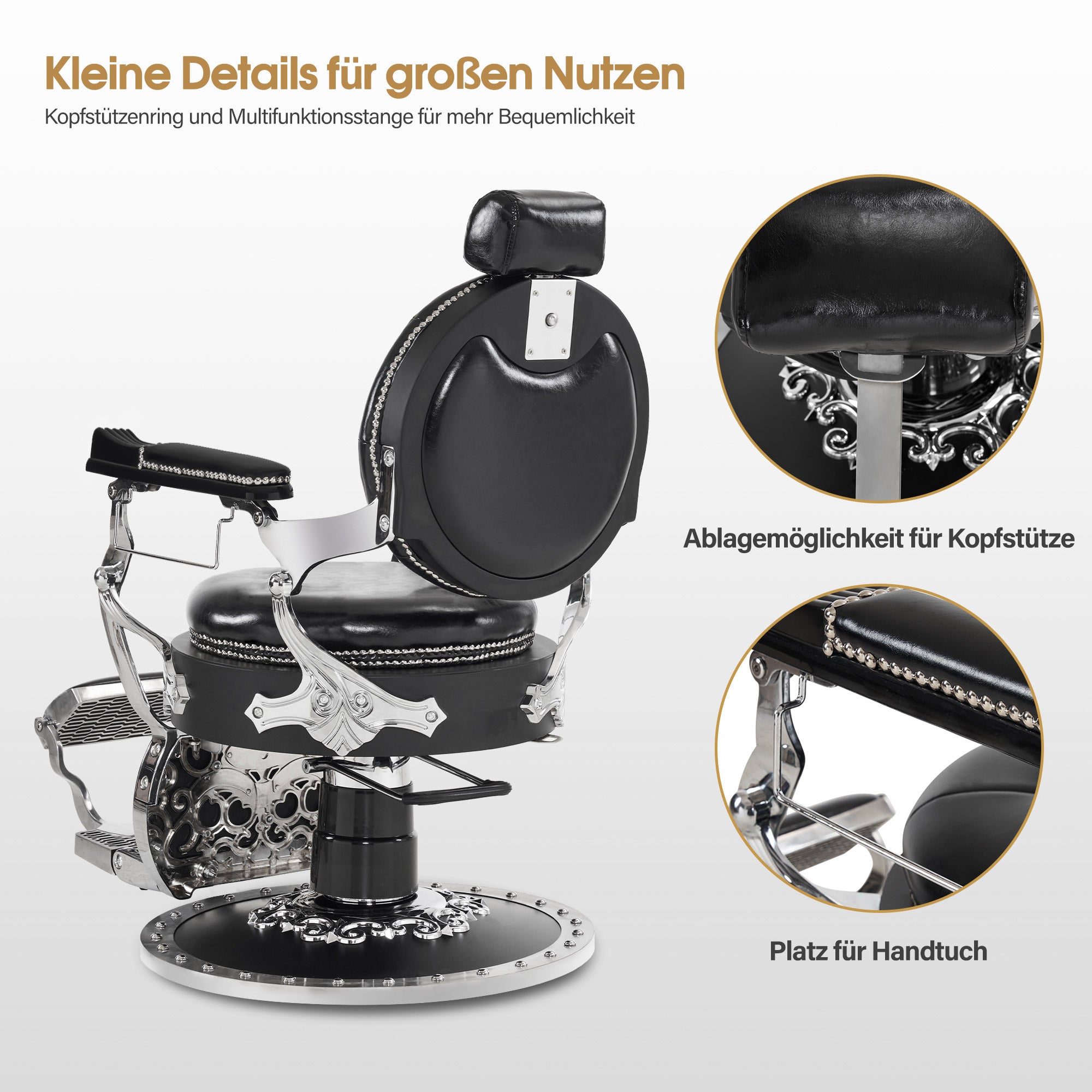 Barberpub Friseurstuhl mit Kopfstütze Kippbar, Barber Stuhl Retro Vintage, 360° Drehbar & Höhenverstellbar, Friseureinrichtung Hydraulisch, Kunstleder, 8688