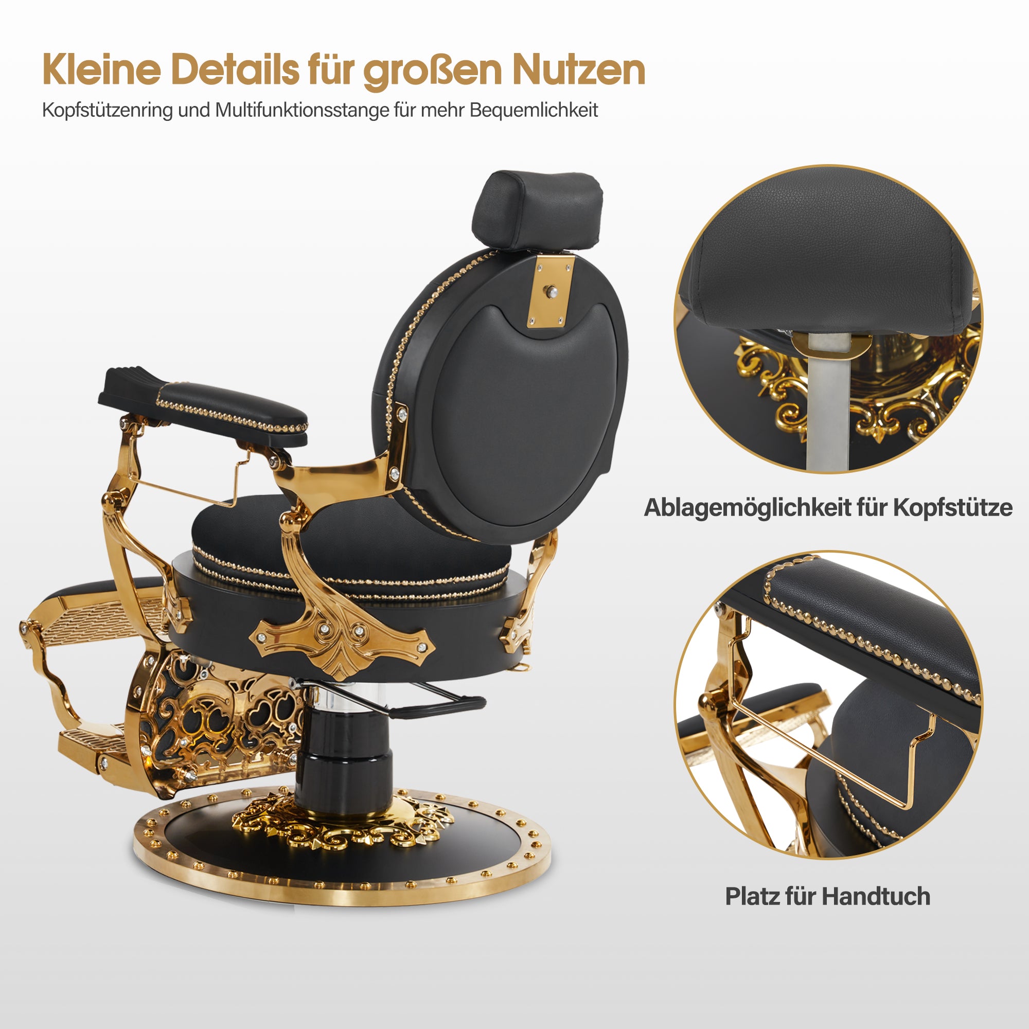 Barberpub Friseurstuhl mit Kopfstütze Kippbar, Barber Stuhl Retro Vintage, 360° Drehbar & Höhenverstellbar, Friseureinrichtung Hydraulisch, Kunstleder, 8688