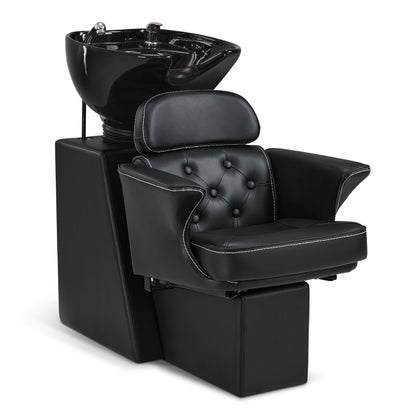BarberPub Friseurstuhl mit Waschbecken & Kippbarer Rückenlehne, Friseurwaschbecken aus Keramik Verstellbar, Moderner Friseurwaschsessel für SPA Salon, Friseur Waschplatz 8692 (Schwarz/Kunstleder)