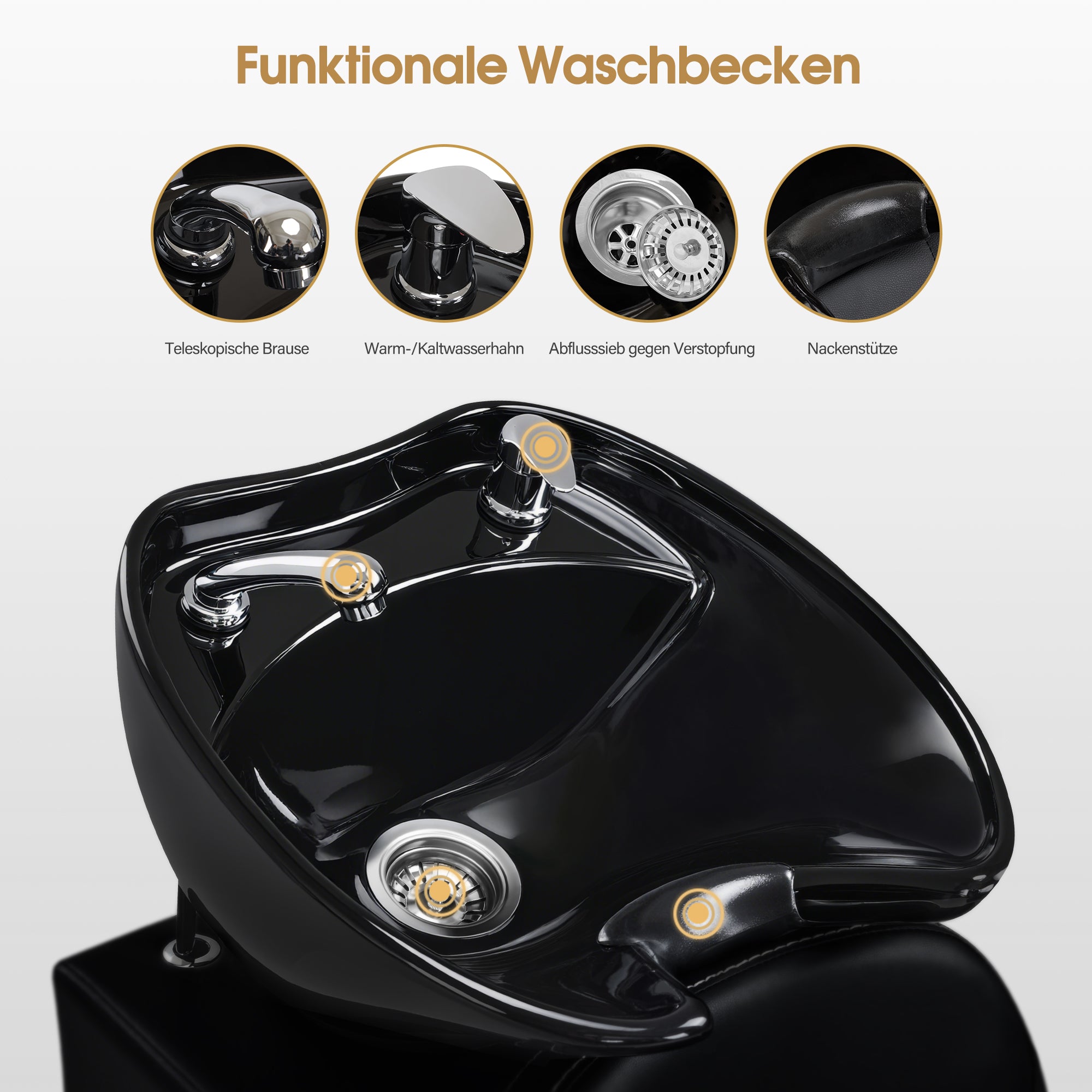 BarberPub Friseurstuhl mit Waschbecken & Kippbarer Rückenlehne, Friseurwaschbecken aus Keramik Verstellbar, Moderner Friseurwaschsessel für SPA Salon, Friseur Waschplatz 8692 (Schwarz/Kunstleder)