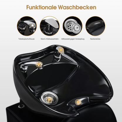 BarberPub Friseurstuhl mit Waschbecken & Kippbarer Rückenlehne, Friseurwaschbecken aus Keramik Verstellbar, Moderner Friseurwaschsessel für SPA Salon, Friseur Waschplatz 8692 (Schwarz/Kunstleder)