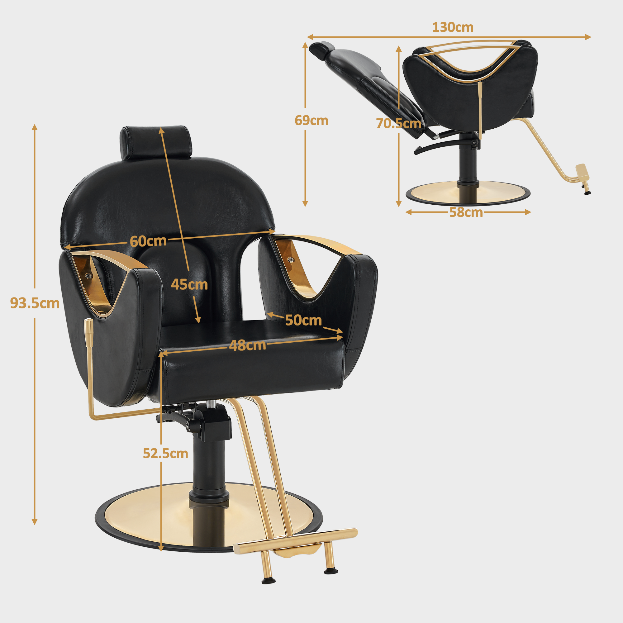 Barberpub Friseurstuhl mit Kopfstütze, Friseursessel Höhenverstellbar & 360°Drehbar, Friseureinrichtung Kippbar, Bedienungsstuhl Hydraulisch Kunstleder, 9578 (Gold-Schwarz)