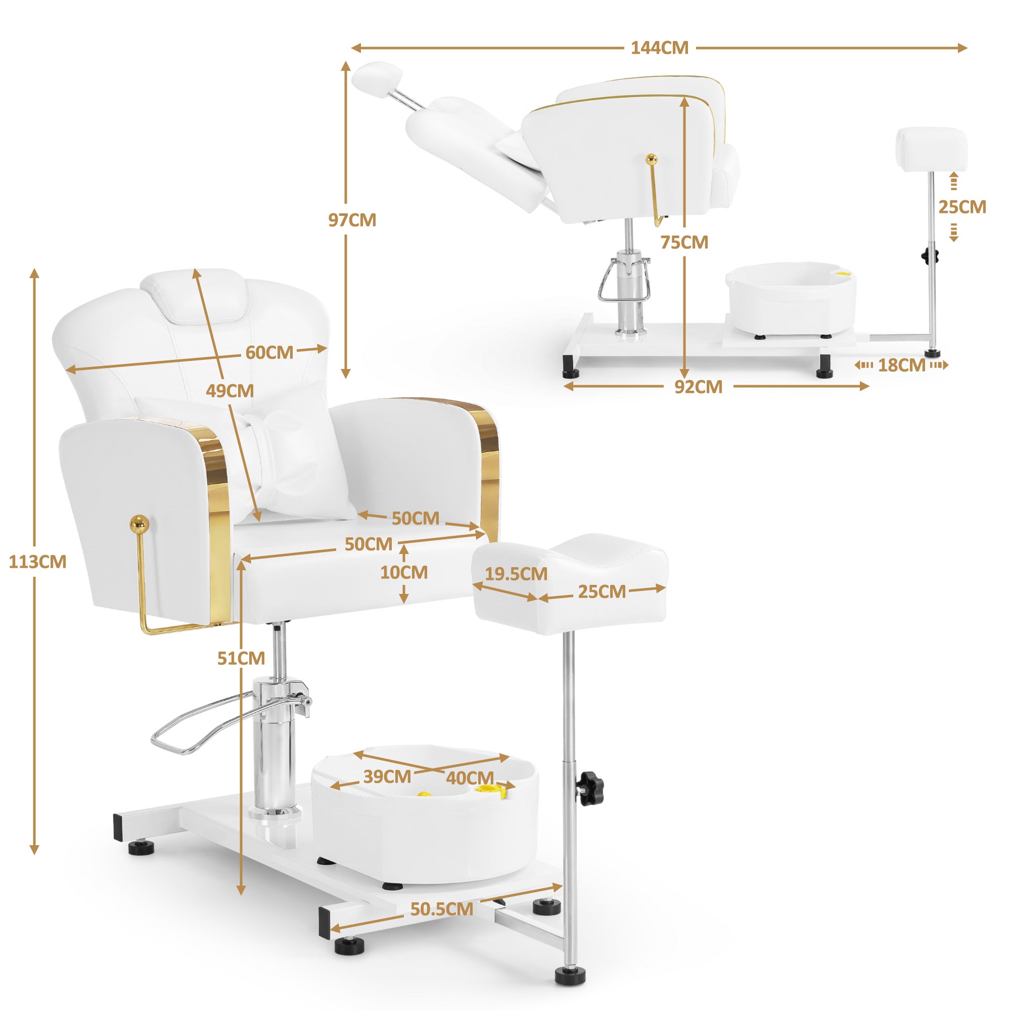 BarberPub Pediküre Stuhl mit Fußbadewanne & Pediküre mit Fußbadewanne, Friseurstuhl Höhenverstellbar & Kippbar, Fußpflegestuhl für Nagelstudio Retro F0371 (Gold-Weiß)