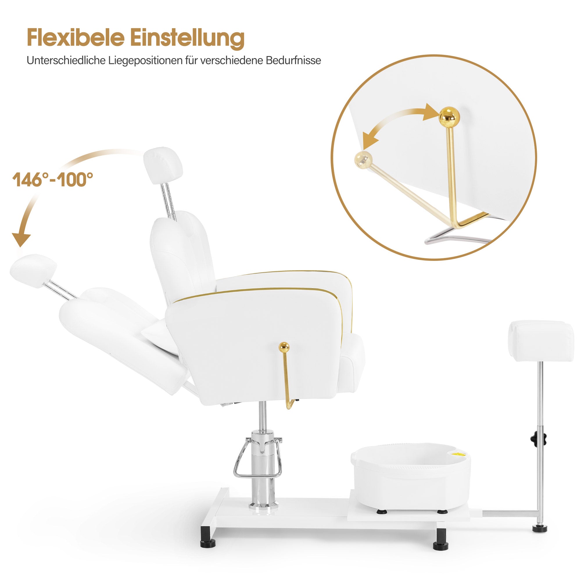 BarberPub Pediküre Stuhl mit Fußbadewanne & Pediküre mit Fußbadewanne, Friseurstuhl Höhenverstellbar & Kippbar, Fußpflegestuhl für Nagelstudio Retro F0371 (Gold-Weiß)