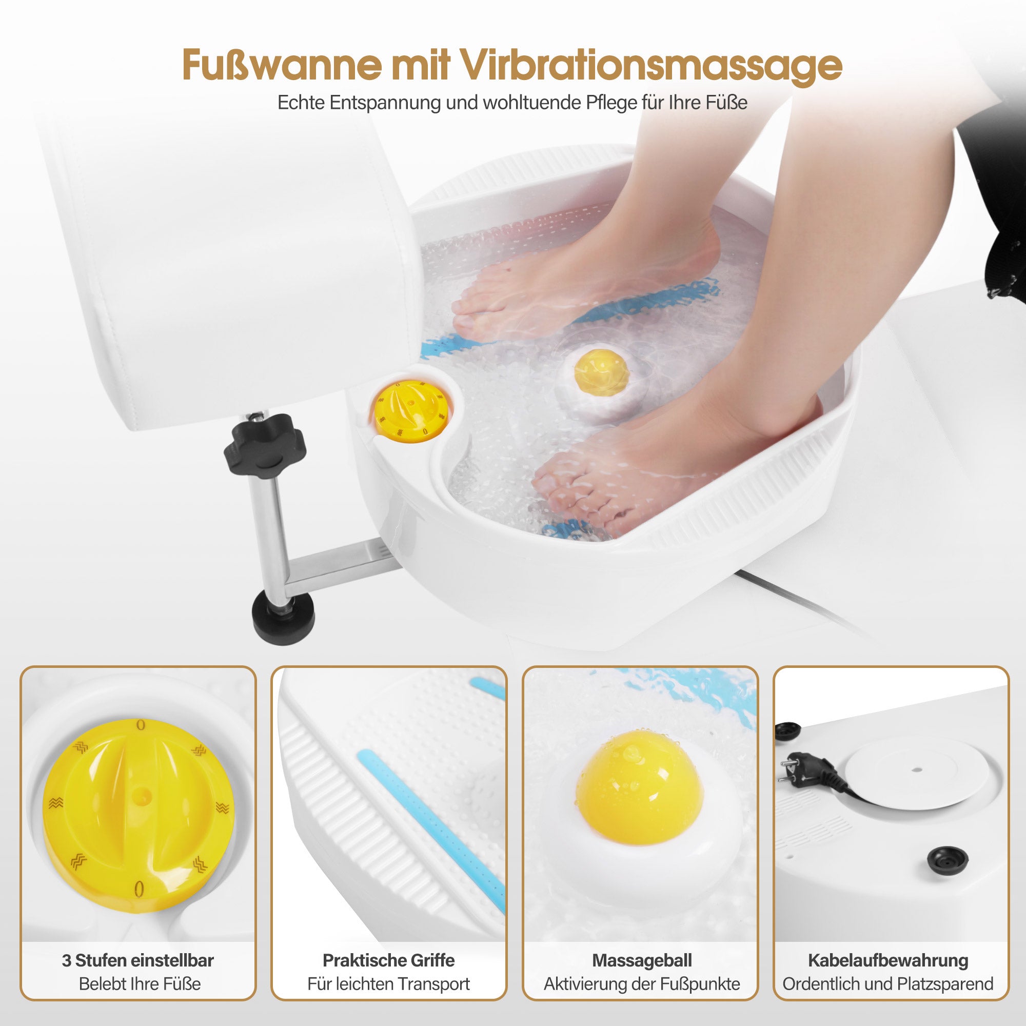BarberPub Pediküre Stuhl mit Fußbadewanne & Pediküre mit Fußbadewanne, Friseurstuhl Höhenverstellbar & Kippbar, Fußpflegestuhl für Nagelstudio Retro F0371 (Gold-Weiß)