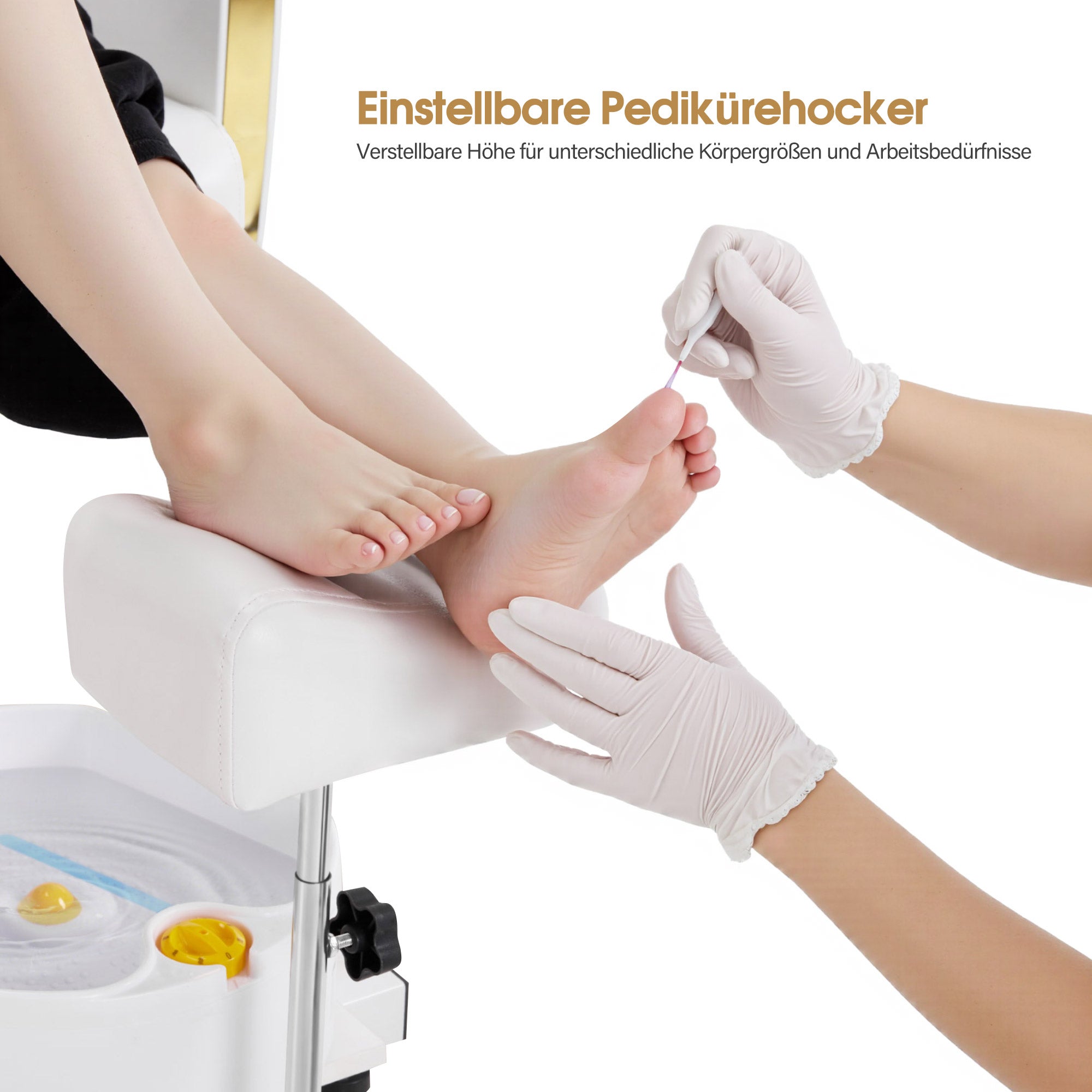 BarberPub Pediküre Stuhl mit Fußbadewanne & Pediküre mit Fußbadewanne, Friseurstuhl Höhenverstellbar & Kippbar, Fußpflegestuhl für Nagelstudio Retro F0371 (Gold-Weiß)