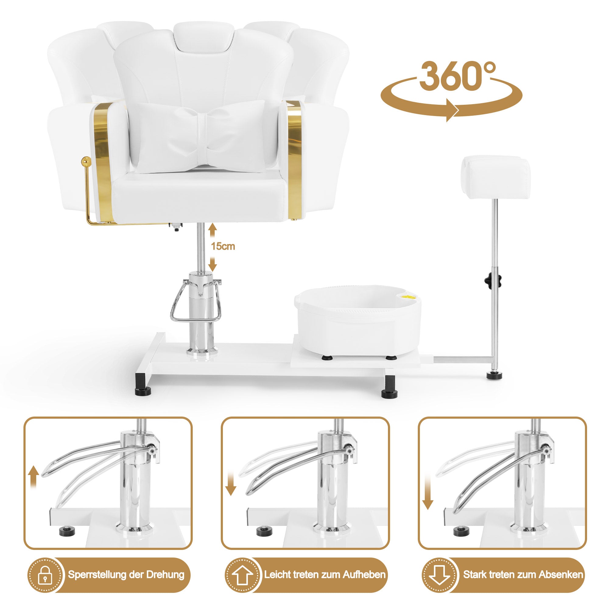 BarberPub Pediküre Stuhl mit Fußbadewanne & Pediküre mit Fußbadewanne, Friseurstuhl Höhenverstellbar & Kippbar, Fußpflegestuhl für Nagelstudio Retro F0371 (Gold-Weiß)