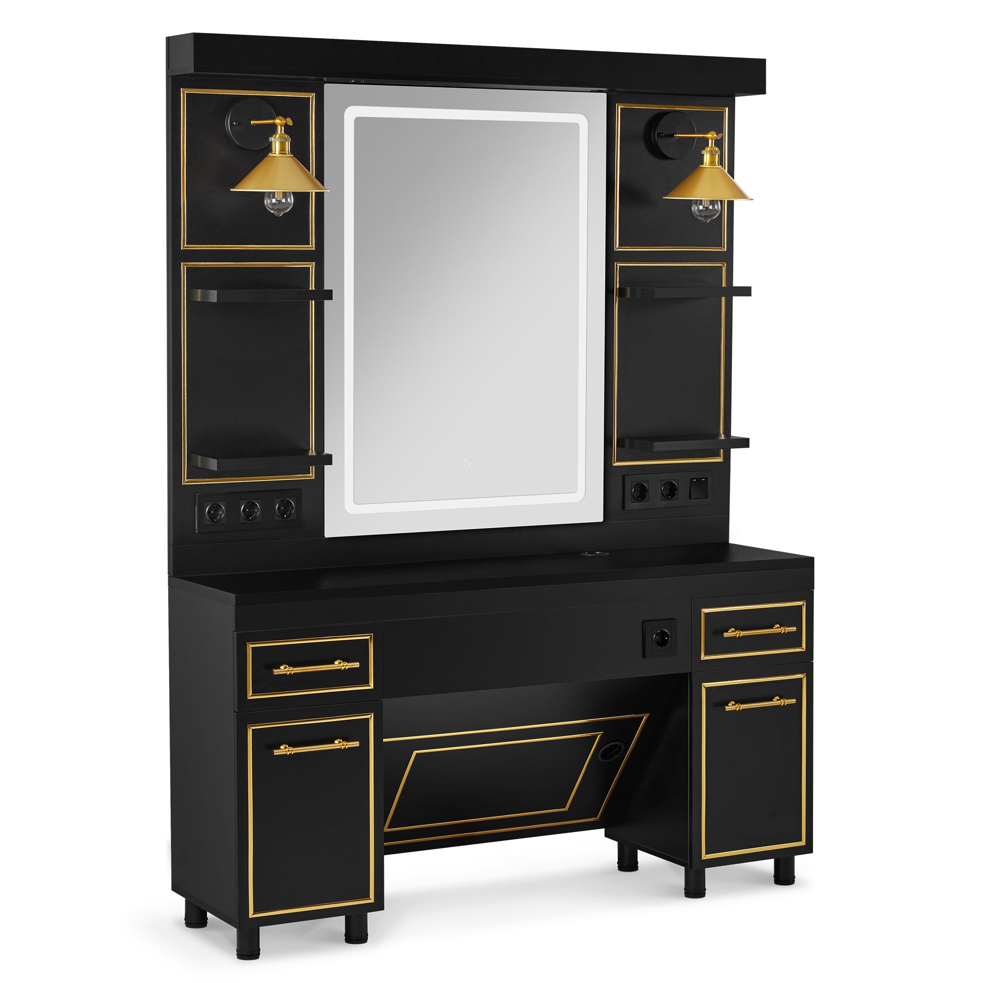 BarberPub Friseurplatz mit 2 Schubladen, Schminktisch mit Spiegel, Bedienungsplatz mit 4 Ablagen & 2 Schränken, Spiegelschrank aus Holz, Spiegeltisch mit Beleuchtung, 3161 (Schwarz-Gold)