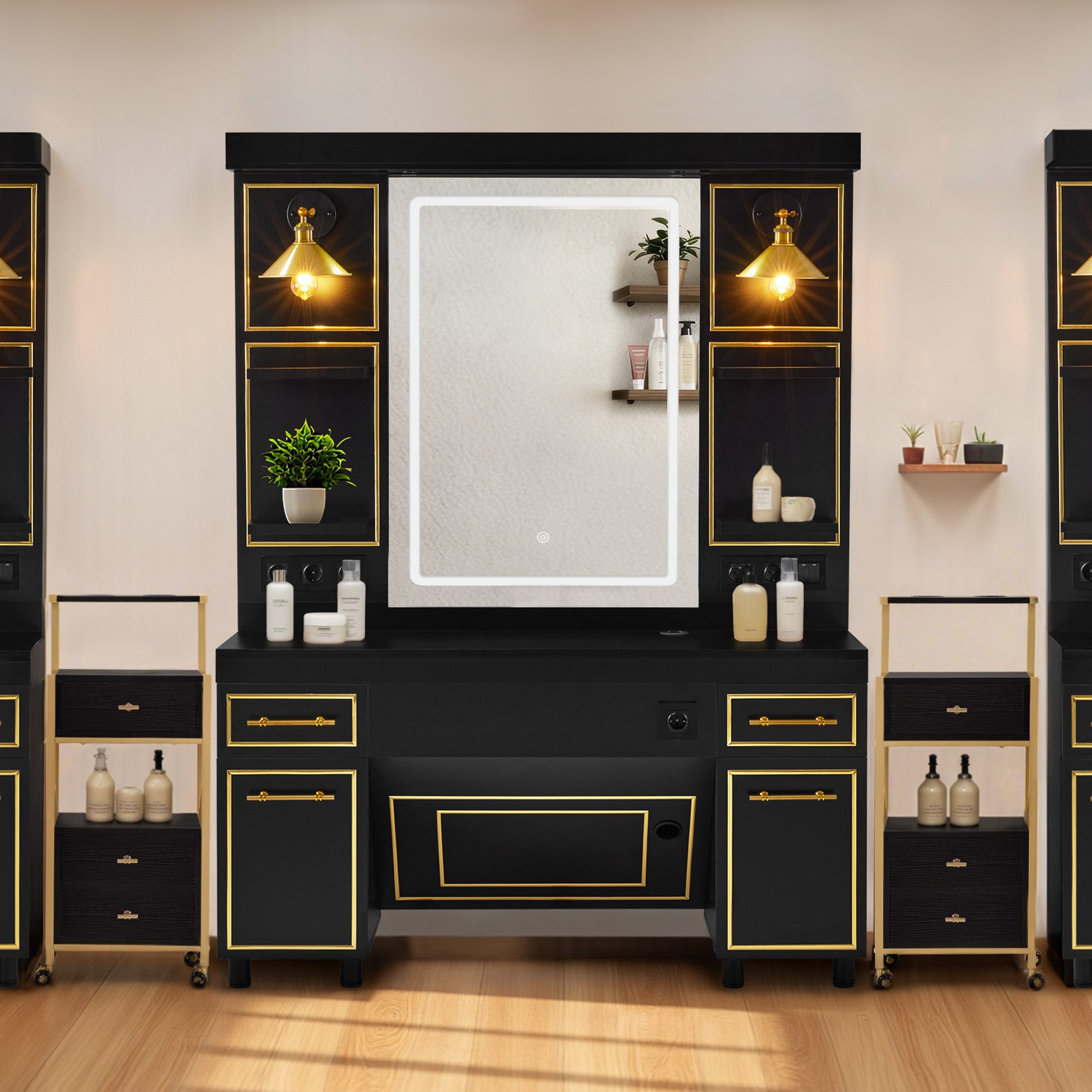 BarberPub Friseurplatz mit 2 Schubladen, Schminktisch mit Spiegel, Bedienungsplatz mit 4 Ablagen & 2 Schränken, Spiegelschrank aus Holz, Spiegeltisch mit Beleuchtung, 3161 (Schwarz-Gold)