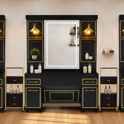 BarberPub Friseurplatz mit 2 Schubladen, Schminktisch mit Spiegel, Bedienungsplatz mit 4 Ablagen & 2 Schränken, Spiegelschrank aus Holz, Spiegeltisch mit Beleuchtung, 3161 (Schwarz-Gold)