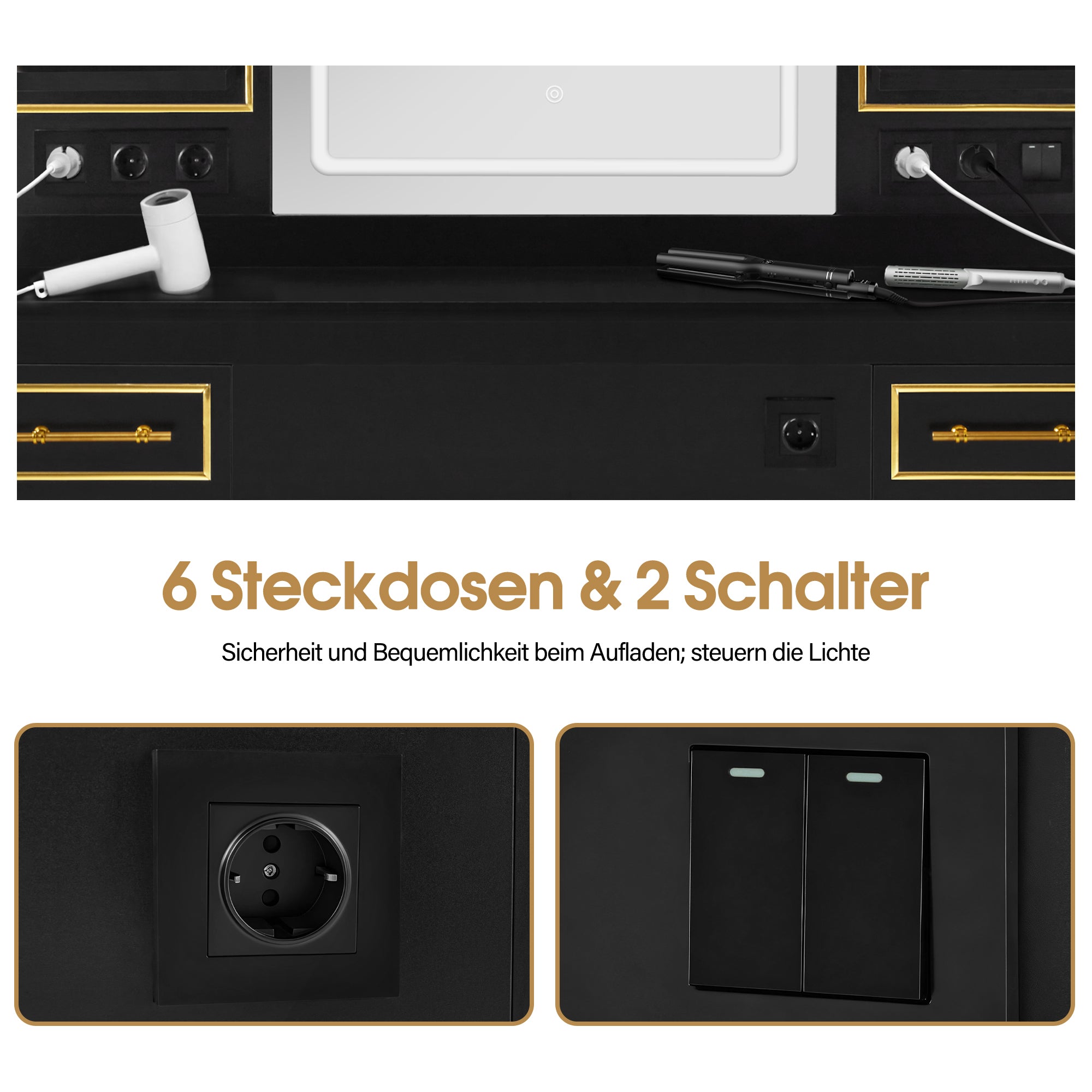 BarberPub Friseurplatz mit 2 Schubladen, Schminktisch mit Spiegel, Bedienungsplatz mit 4 Ablagen & 2 Schränken, Spiegelschrank aus Holz, Spiegeltisch mit Beleuchtung, 3161 (Schwarz-Gold)