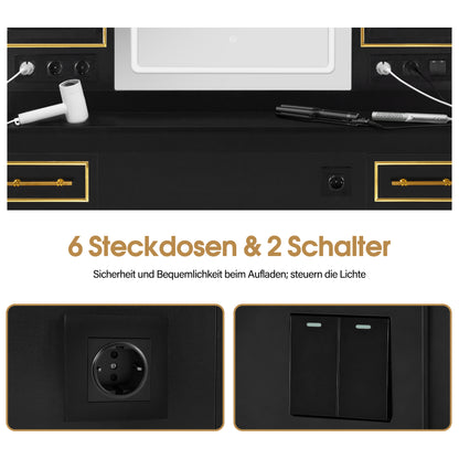 BarberPub Friseurplatz mit 2 Schubladen, Schminktisch mit Spiegel, Bedienungsplatz mit 4 Ablagen & 2 Schränken, Spiegelschrank aus Holz, Spiegeltisch mit Beleuchtung, 3161 (Schwarz-Gold)