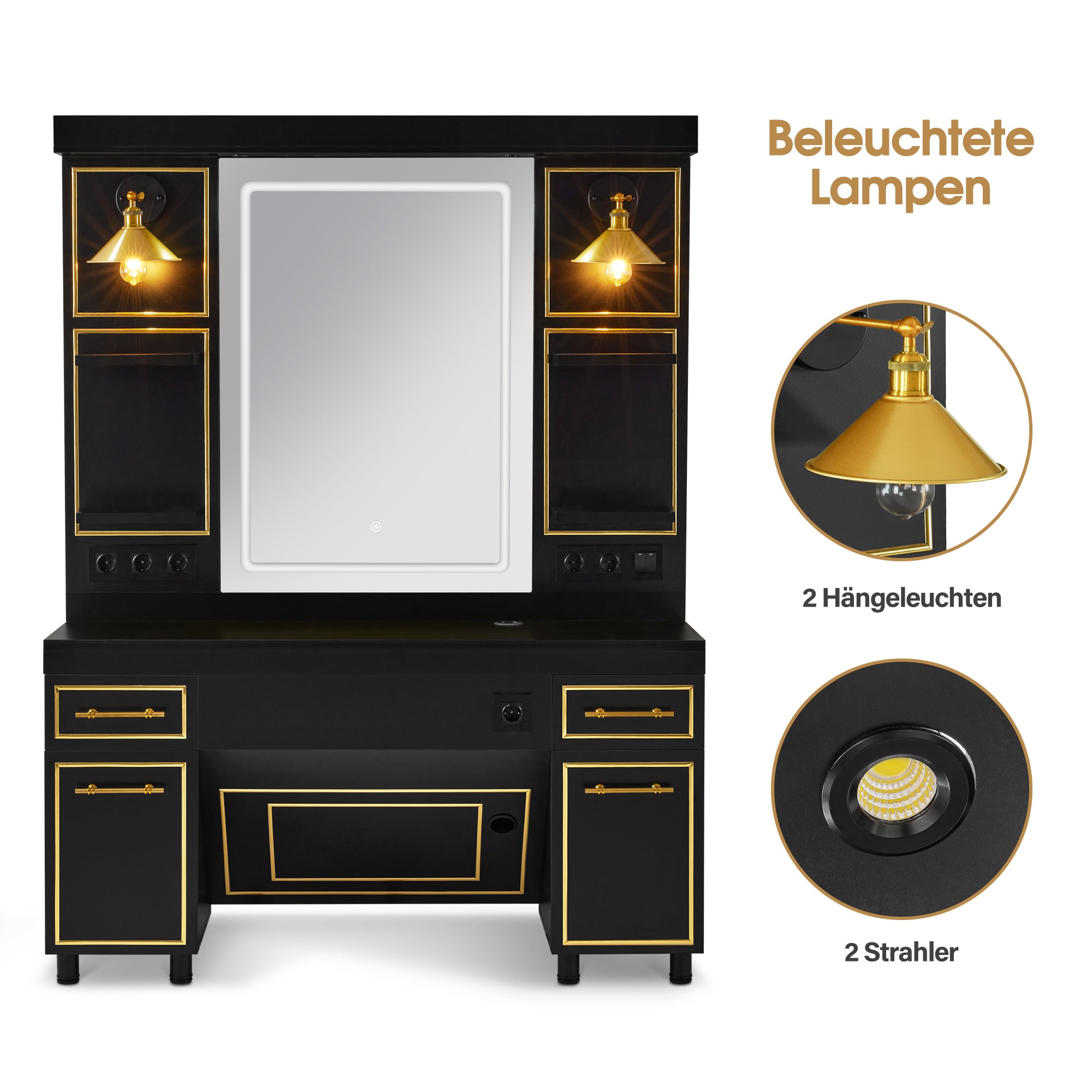 BarberPub Friseurplatz mit 2 Schubladen, Schminktisch mit Spiegel, Bedienungsplatz mit 4 Ablagen & 2 Schränken, Spiegelschrank aus Holz, Spiegeltisch mit Beleuchtung, 3161 (Schwarz-Gold)