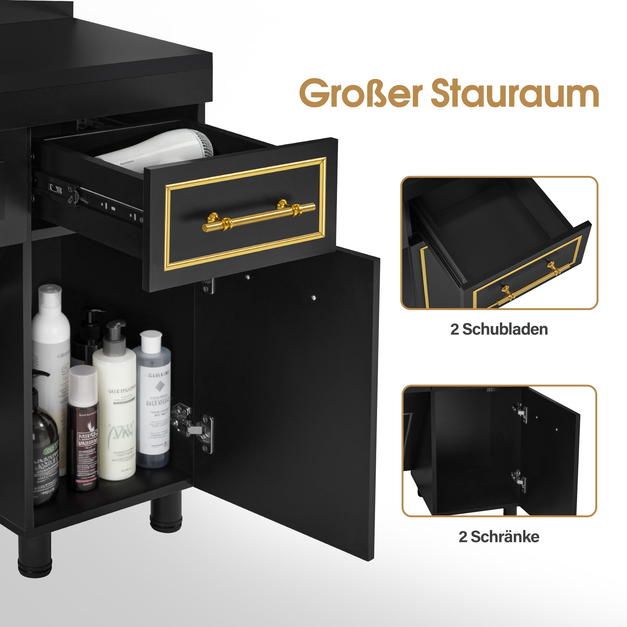 BarberPub Friseurplatz mit 2 Schubladen, Schminktisch mit Spiegel, Bedienungsplatz mit 4 Ablagen & 2 Schränken, Spiegelschrank aus Holz, Spiegeltisch mit Beleuchtung, 3161 (Schwarz-Gold)